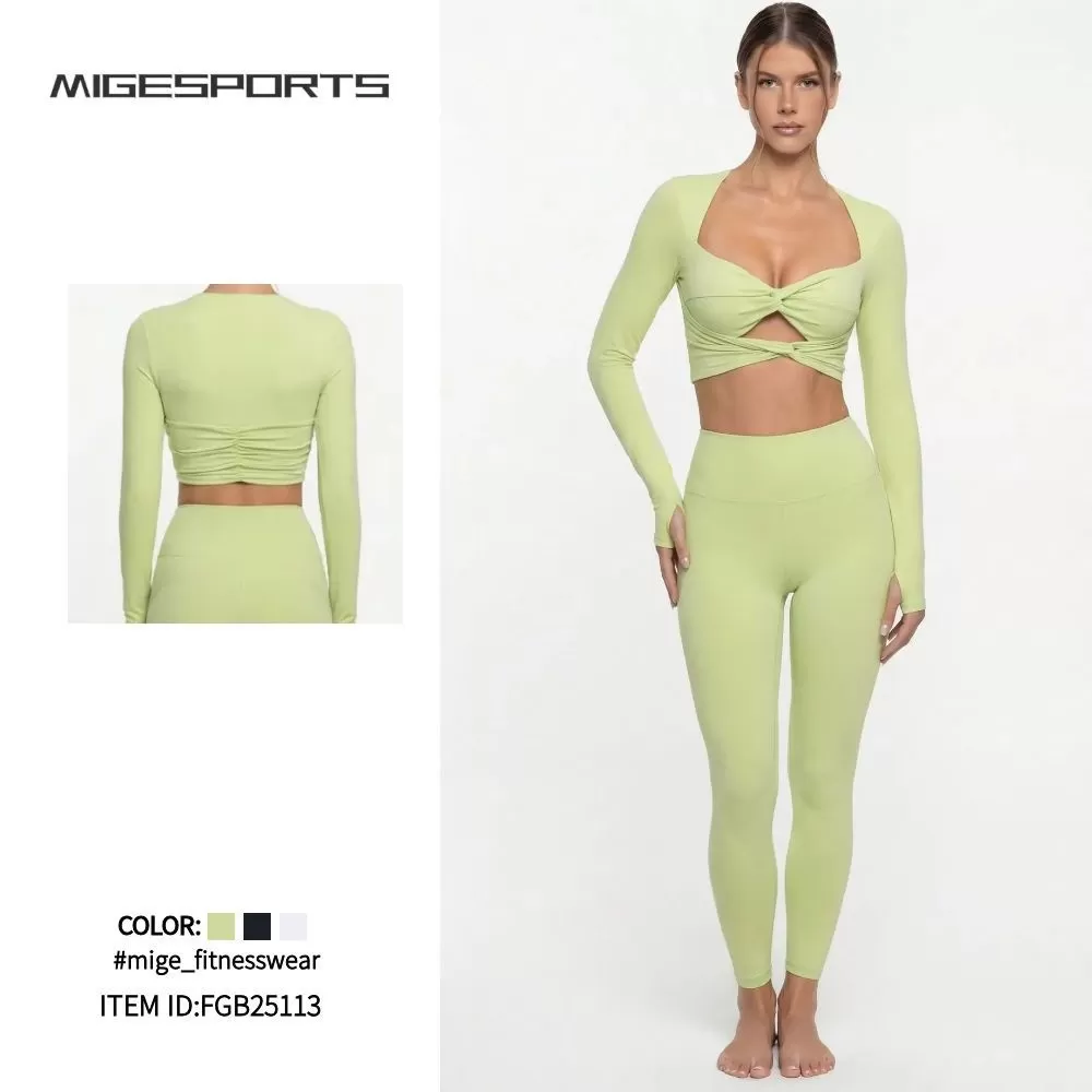 Conjunto deportivo de 2 piezas para mujer, con camiseta de manga larga y leggings para yoga, fitness y entrenamiento, FGB25113