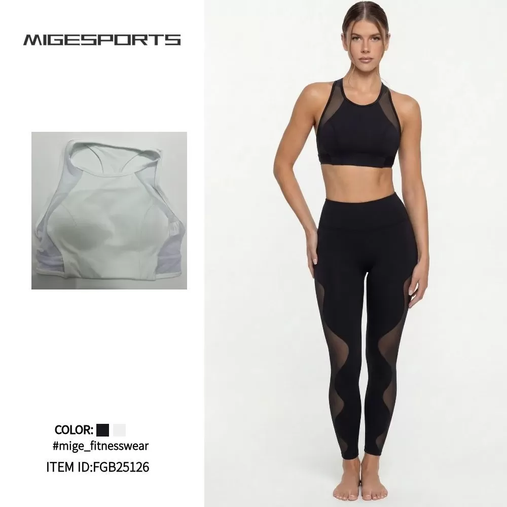 Conjuntos de sujetador deportivo de malla con leggings ajustados para levantar la cadera, pantalones deportivos de fitness y yoga para mujer FGB25126
