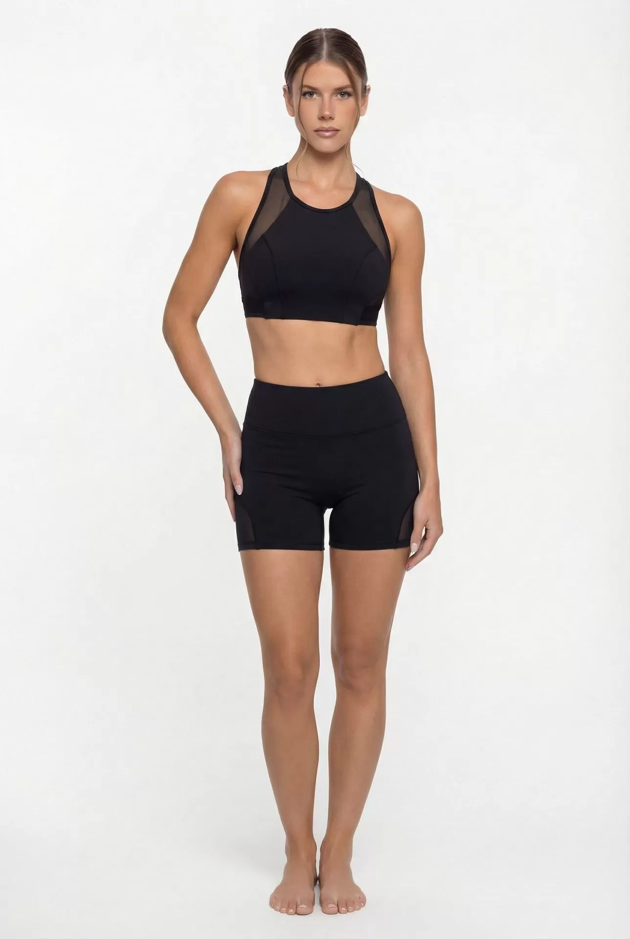 Conjuntos de sujetador deportivo de malla con leggings ajustados para levantar la cadera, pantalones deportivos de fitness y yoga para mujer FGB25126