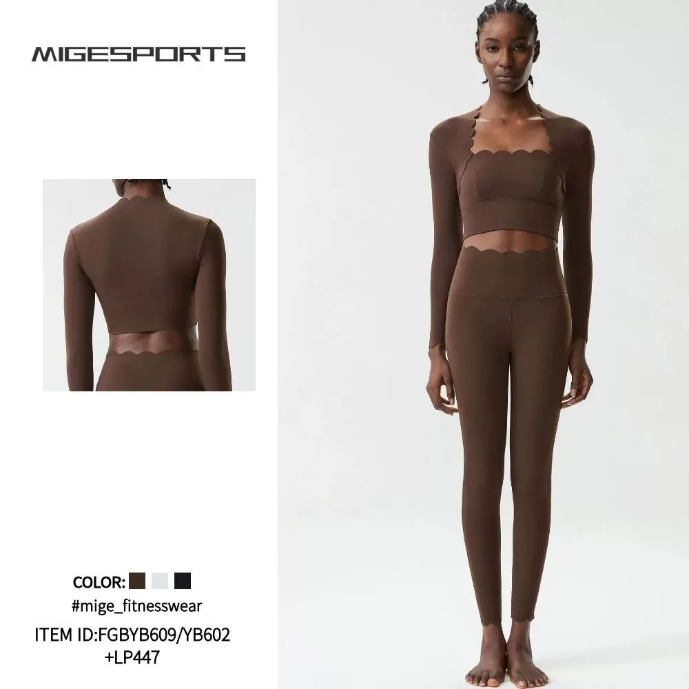 Conjunto de yoga de 3 piezas de manga larga, elástico en 4 direcciones, para gimnasio y fitness, para mujer, FGBYB609/YB602+LP447