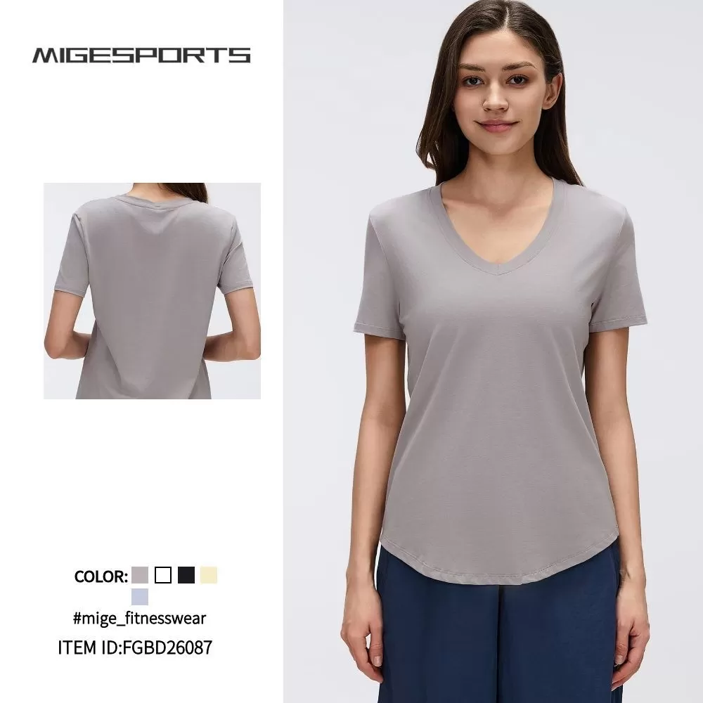 Camiseta deportiva holgada, transpirable, de secado rápido, versátil, ajustada, de color liso, para mujer, de manga corta, FGBD26087