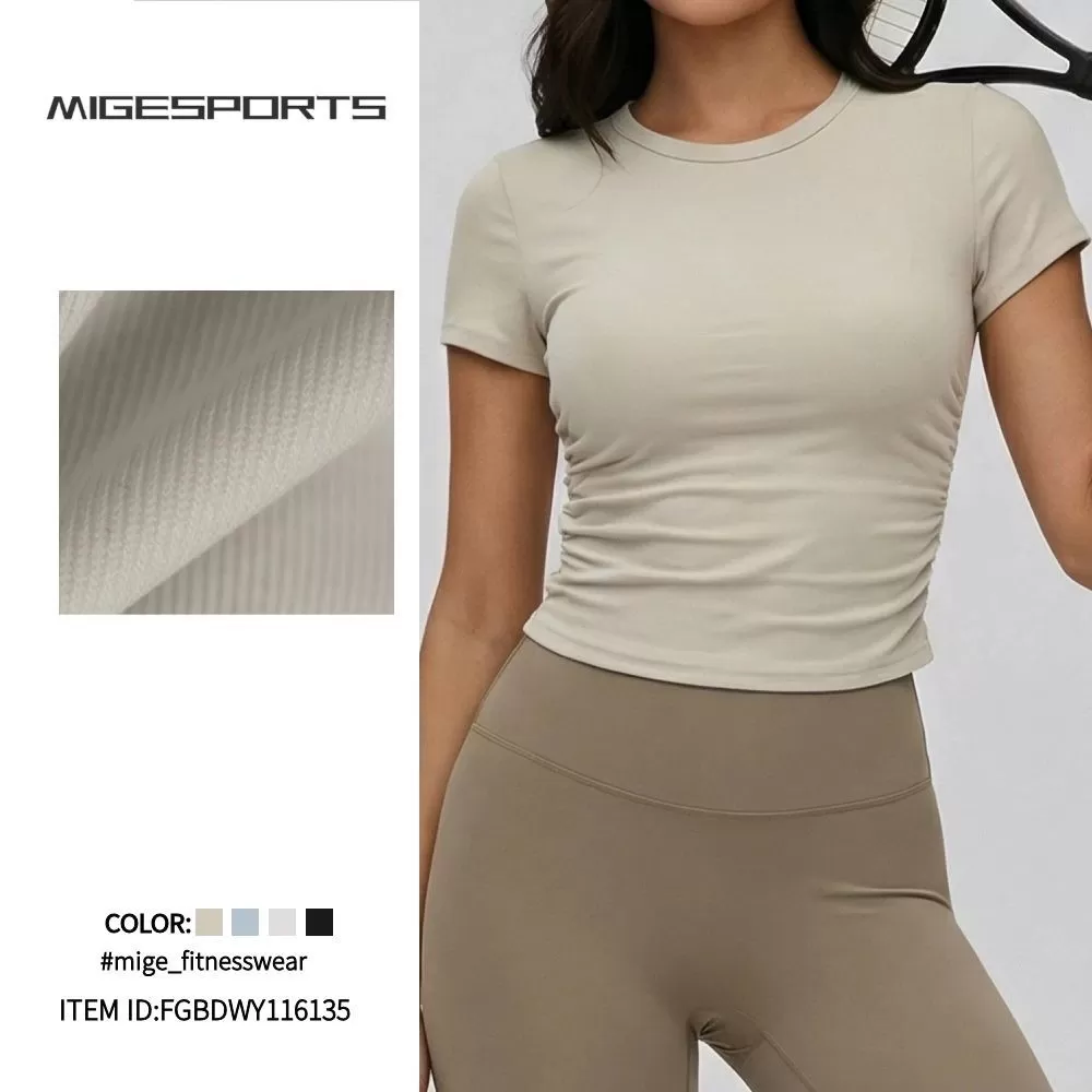 Camiseta deportiva ajustada de manga corta transpirable personalizada para yoga, ropa deportiva para entrenamiento, gimnasio, correr y yoga para mujer FGBDWY116135