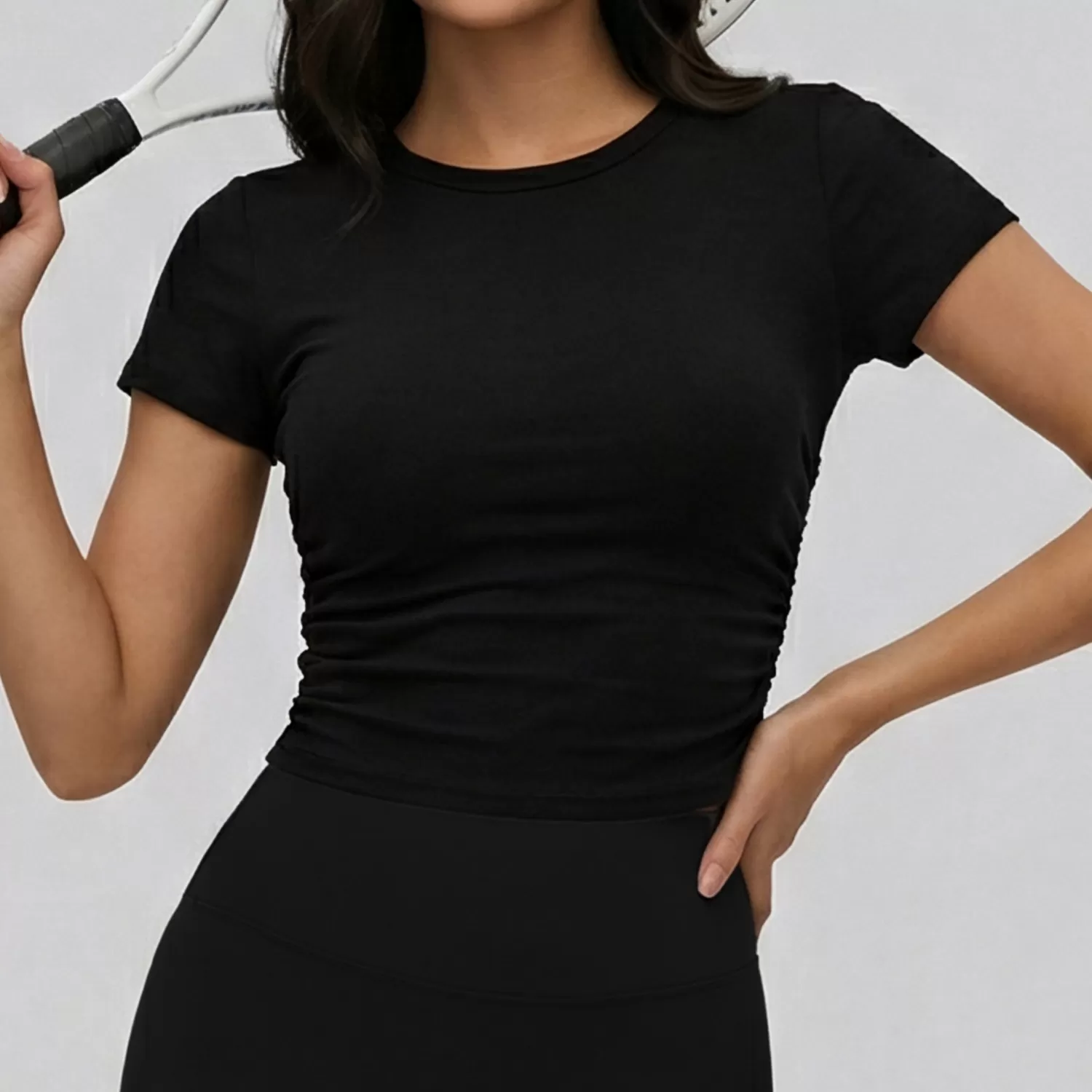 Camiseta deportiva ajustada de manga corta transpirable personalizada para yoga, ropa deportiva para entrenamiento, gimnasio, correr y yoga para mujer FGBDWY116135