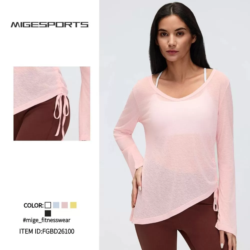 Nueva bata de yoga de manga larga que cubre los glúteos para mujer, plegable, con cordón ajustable, estilo casual y holgado, ideal para otoño y fitness (FGBD26100).