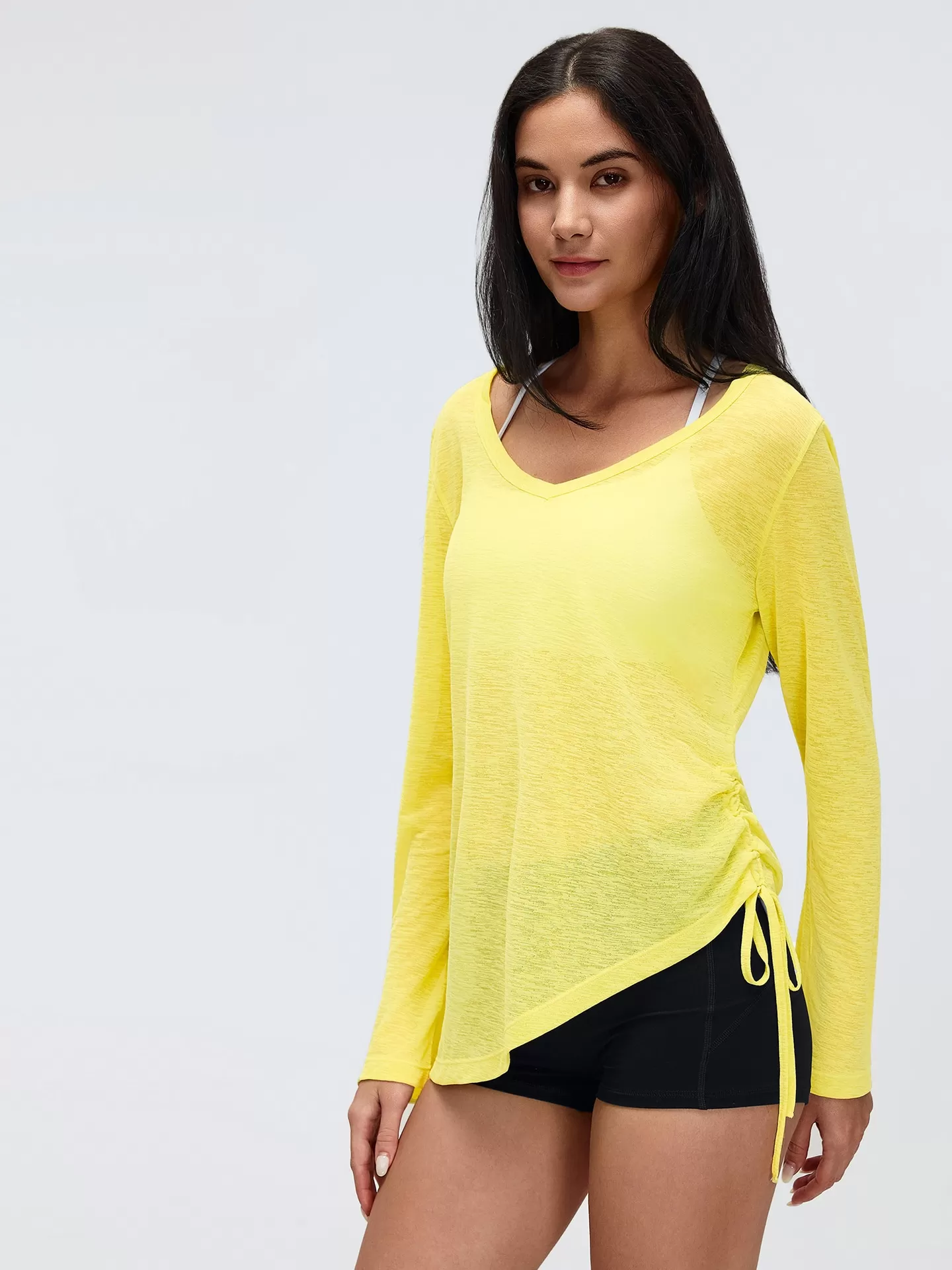 Nueva bata de yoga de manga larga que cubre los glúteos para mujer, plegable, con cordón ajustable, estilo casual y holgado, ideal para otoño y fitness (FGBD26100).