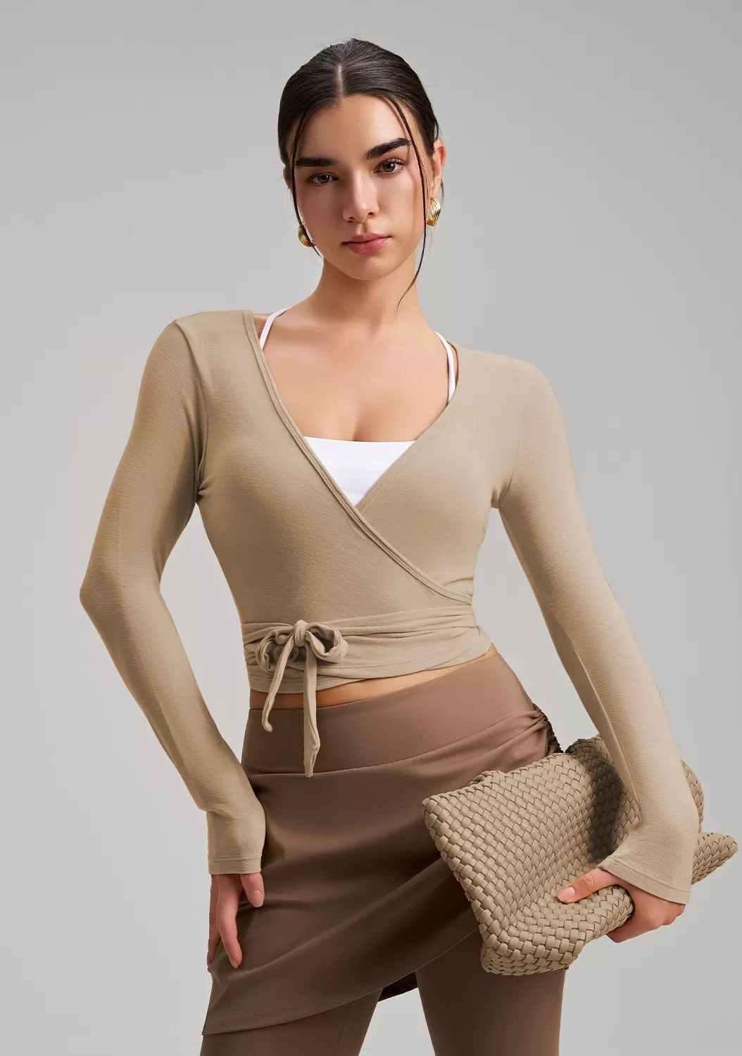 Top cruzado de ballet de manga larga para mujer, ideal para yoga, pilates, baile y entrenamiento (FGBCX7418)