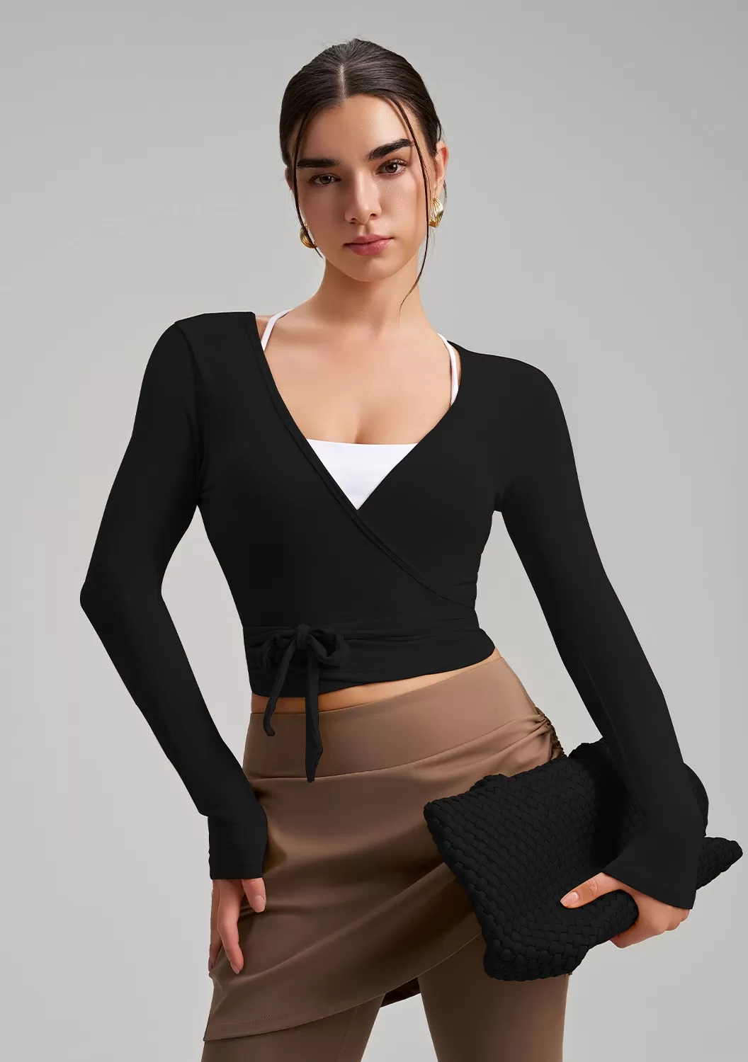 Top cruzado de ballet de manga larga para mujer, ideal para yoga, pilates, baile y entrenamiento (FGBCX7418)