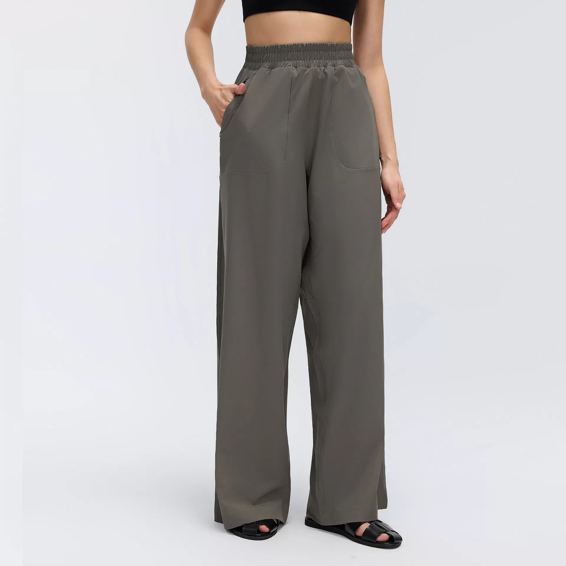 Pantalones de mujer de pierna recta con cordón ajustable oculto y bolsillo, ideales para yoga, deporte y gimnasio (FGBD26014).
