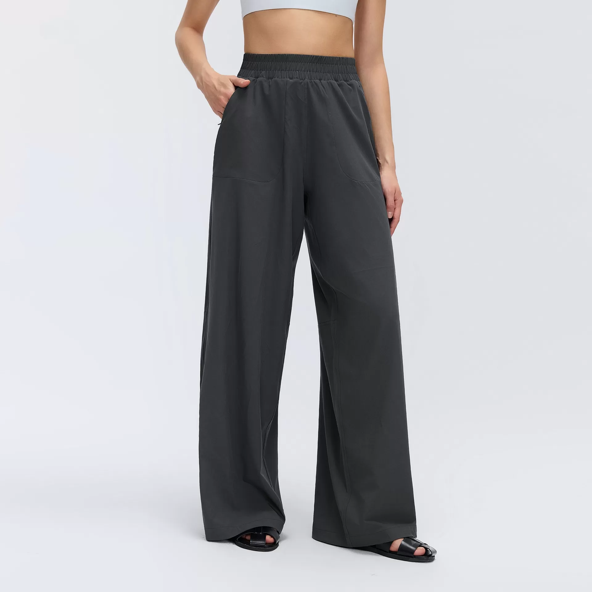Pantalones de mujer de pierna recta con cordón ajustable oculto y bolsillo, ideales para yoga, deporte y gimnasio (FGBD26014).