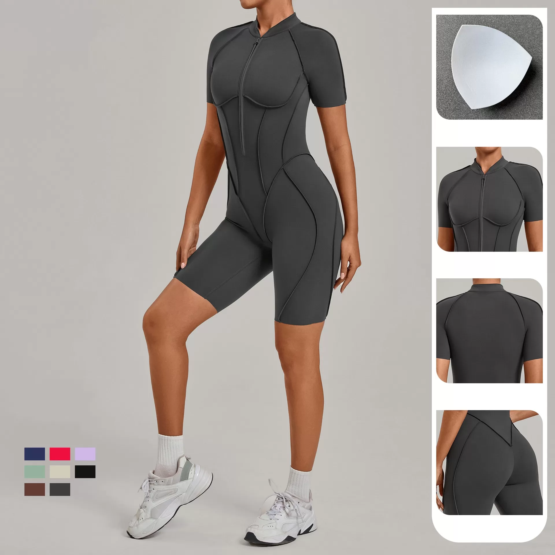 Mono deportivo de una pieza para mujer con media cremallera y manga corta, ideal para yoga y fitness (FGB2630)