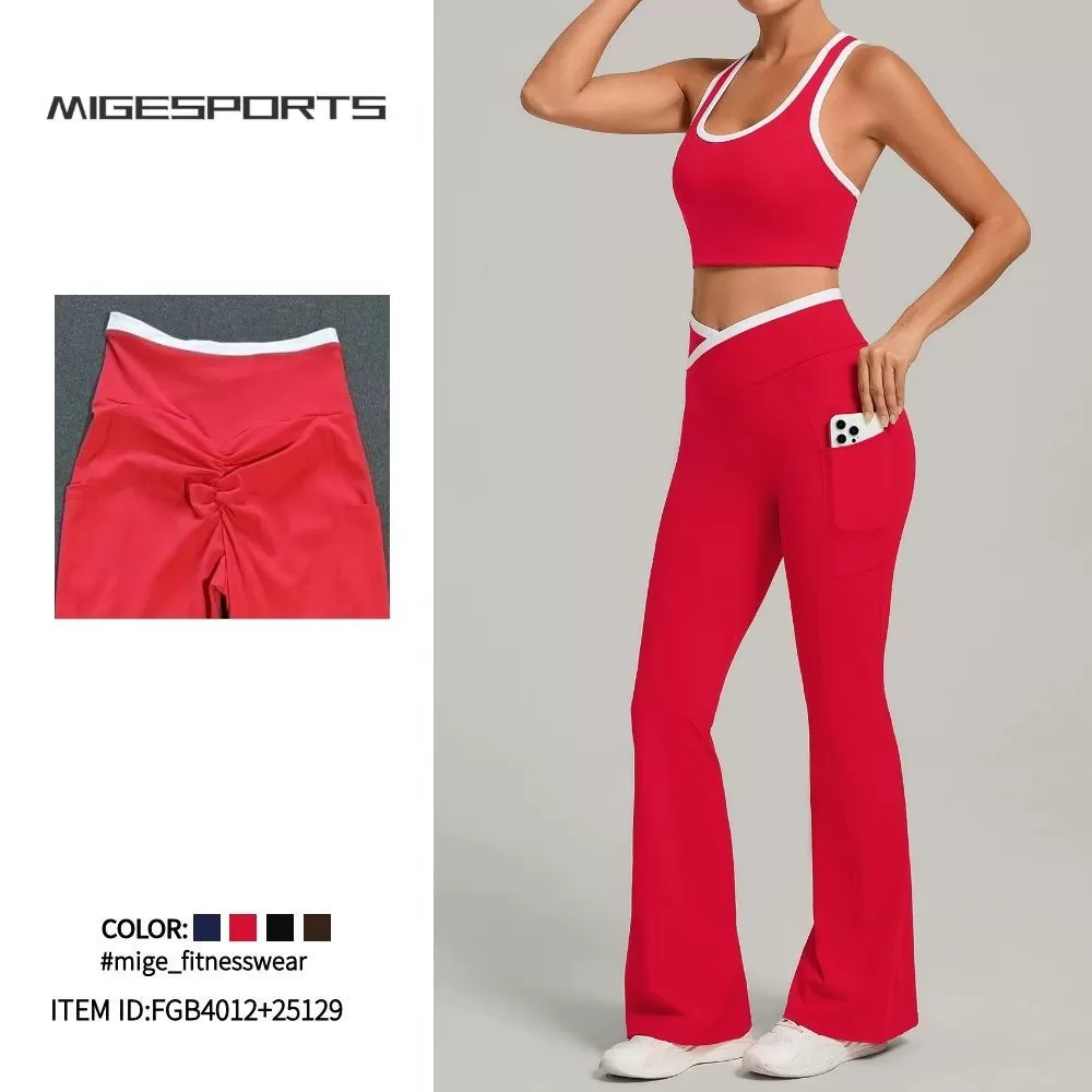 Conjunto de yoga de nuevo diseño, tejido suave de nailon y elastano, ropa deportiva: camiseta sin mangas y pantalones acampanados FGB4012+25129