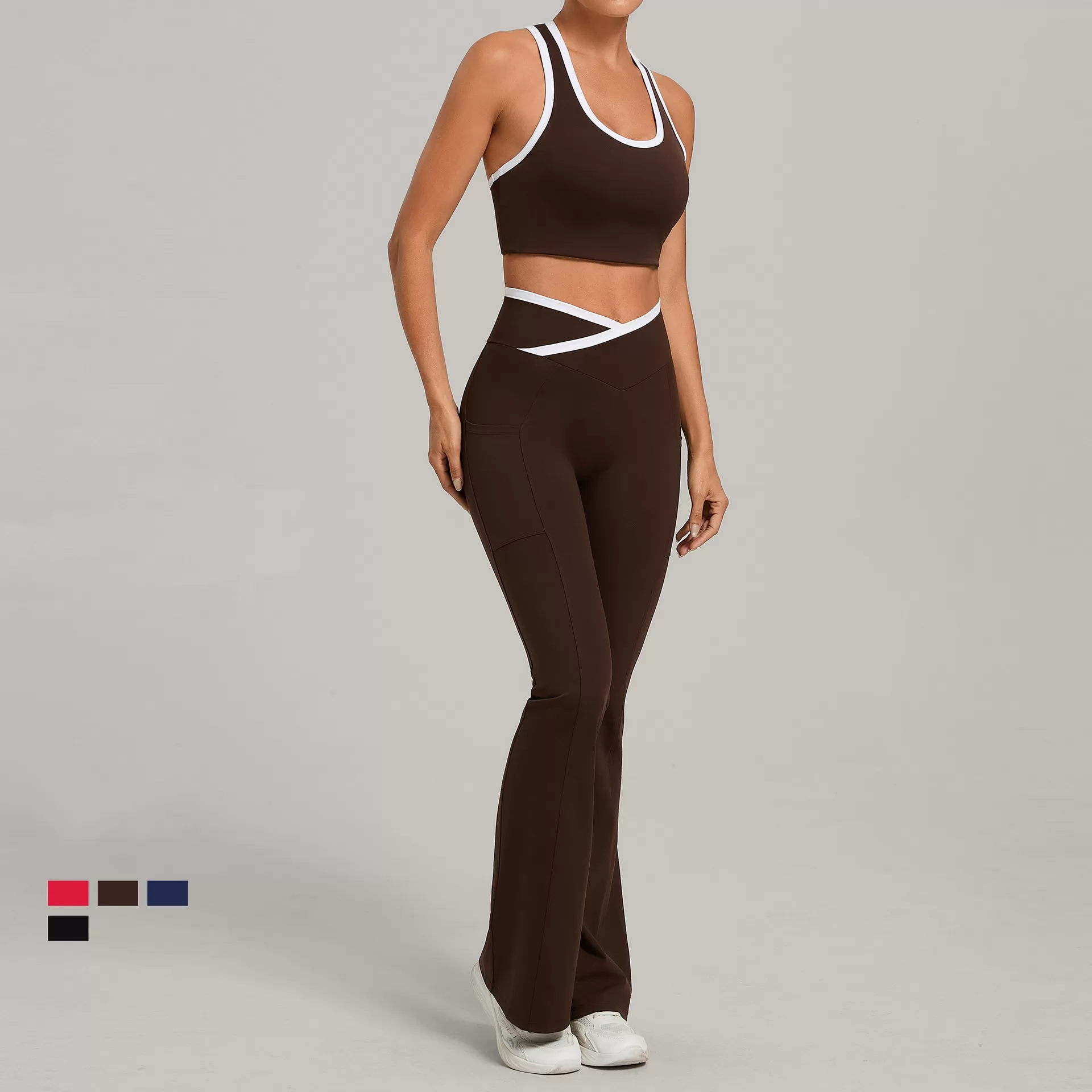 Conjunto de yoga de nuevo diseño, tejido suave de nailon y elastano, ropa deportiva: camiseta sin mangas y pantalones acampanados FGB4012+25129