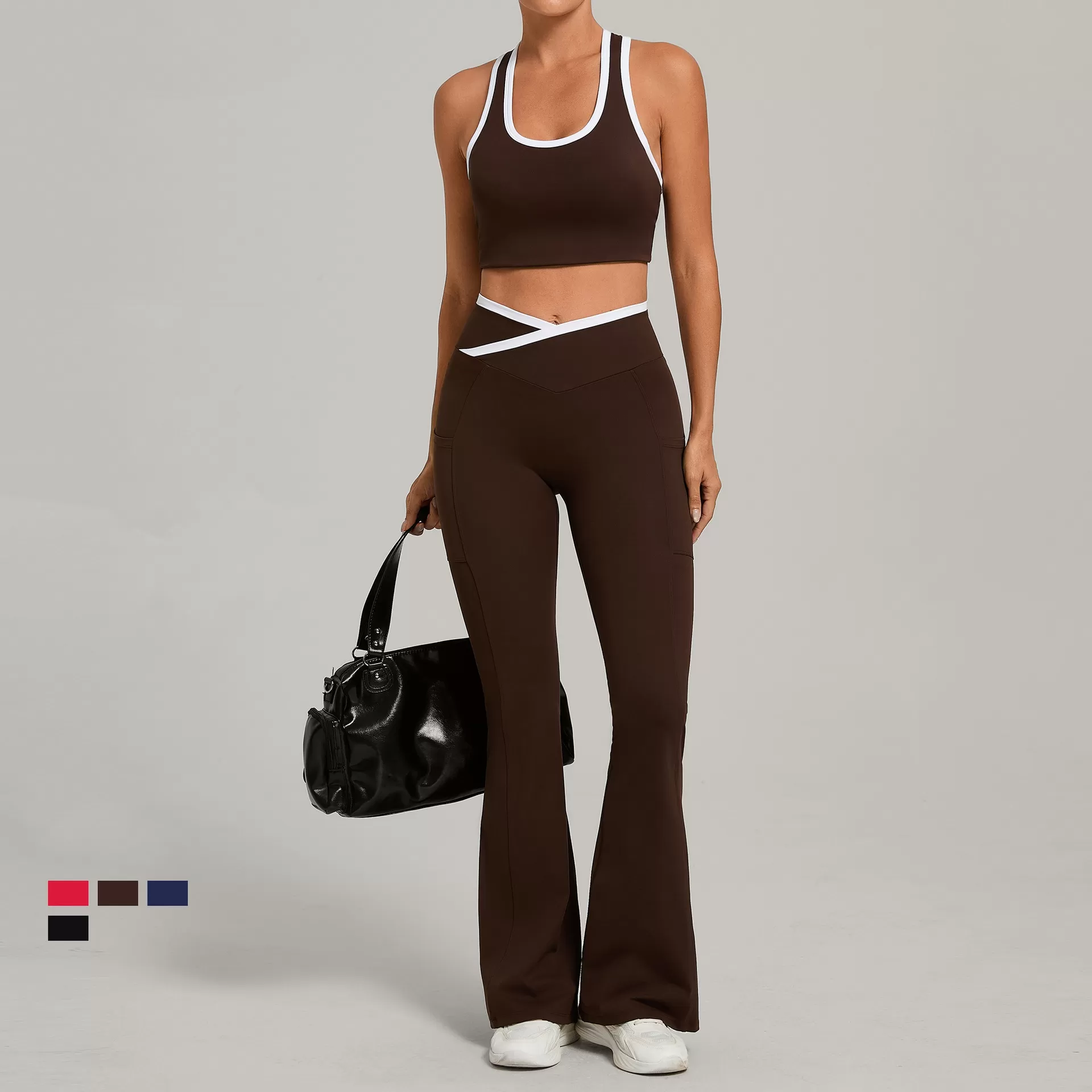 Conjunto de yoga de nuevo diseño, tejido suave de nailon y elastano, ropa deportiva: camiseta sin mangas y pantalones acampanados FGB4012+25129