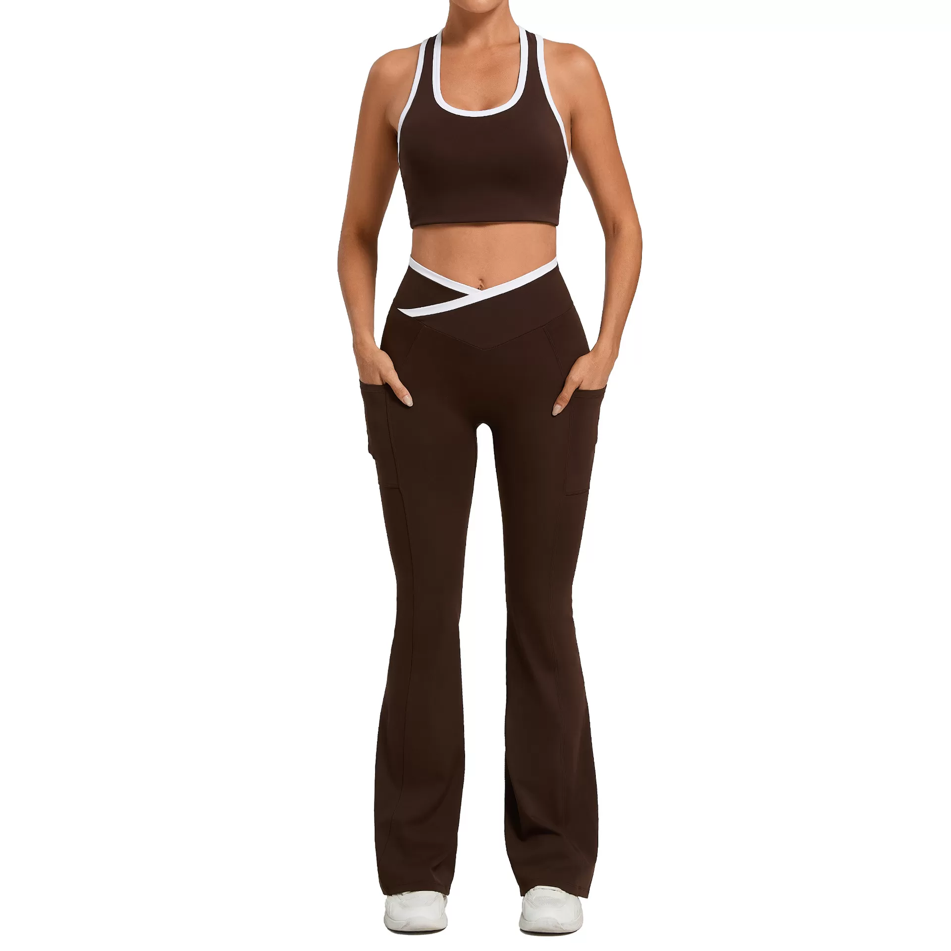 Conjunto de yoga de nuevo diseño, tejido suave de nailon y elastano, ropa deportiva: camiseta sin mangas y pantalones acampanados FGB4012+25129