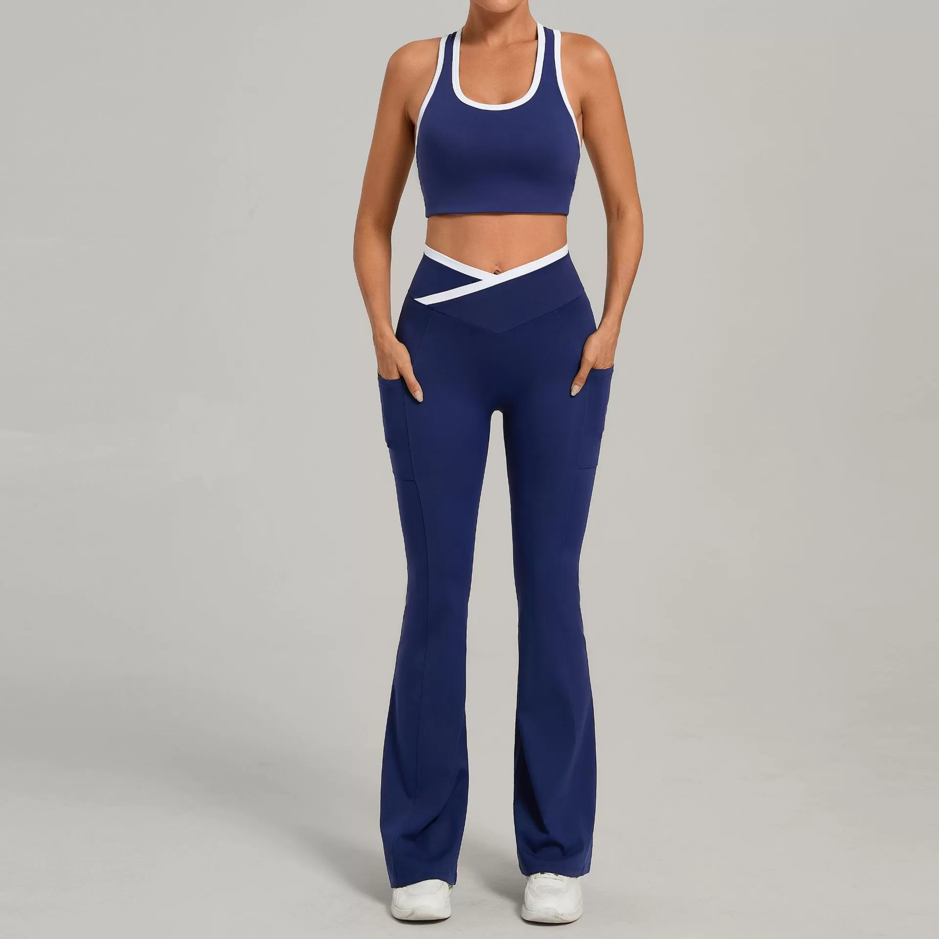 Conjunto de yoga de nuevo diseño, tejido suave de nailon y elastano, ropa deportiva: camiseta sin mangas y pantalones acampanados FGB4012+25129