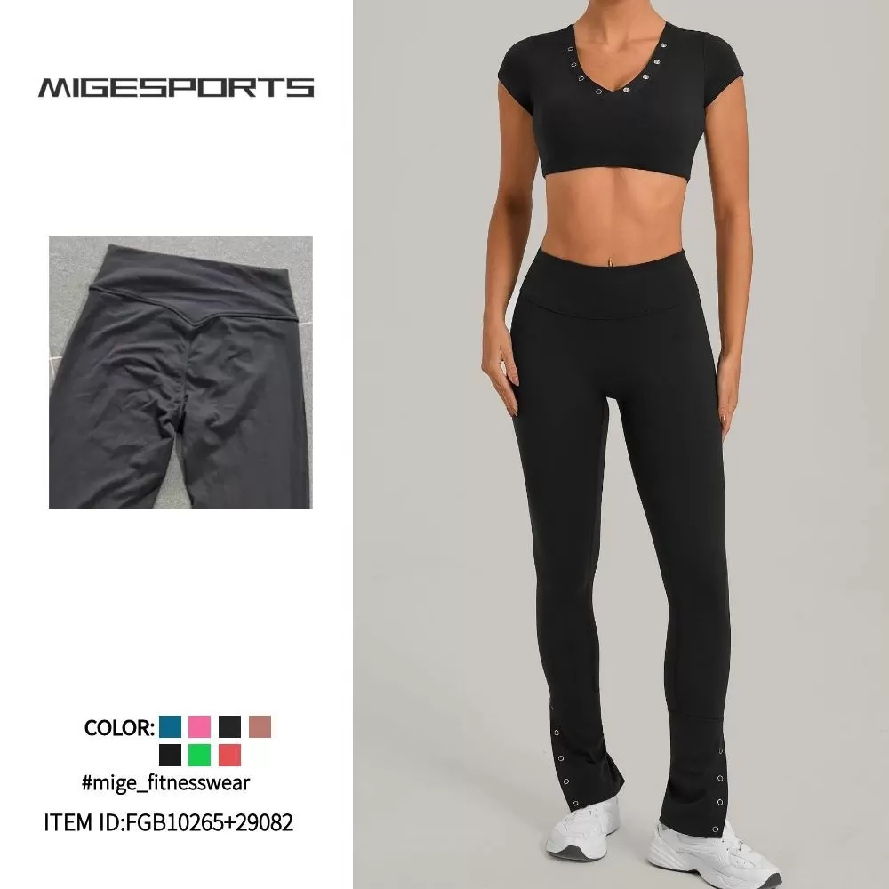 Conjunto deportivo para mujer: camiseta de manga corta para correr, leggings de cintura alta, pantalones acampanados, conjunto de yoga y entrenamiento para gimnasio FGB10265+29082