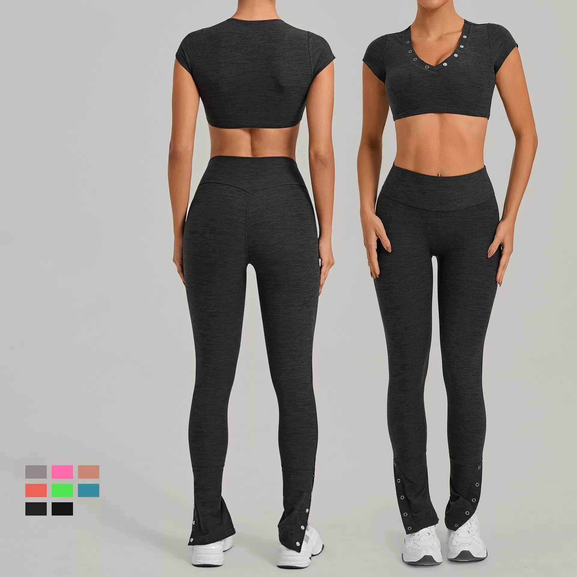 Conjunto deportivo para mujer: camiseta de manga corta para correr, leggings de cintura alta, pantalones acampanados, conjunto de yoga y entrenamiento para gimnasio FGB10265+29082
