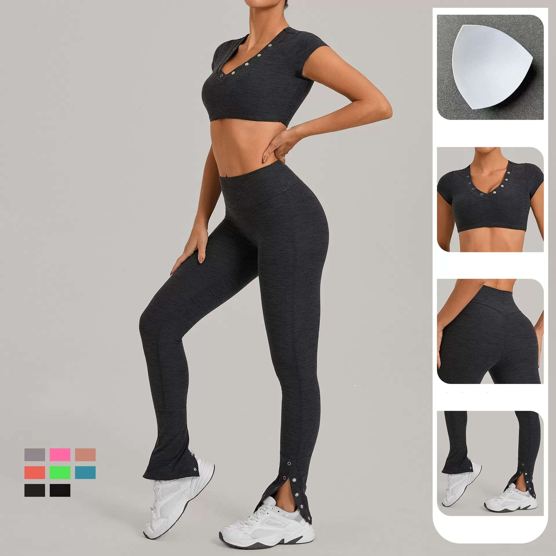 Conjunto deportivo para mujer: camiseta de manga corta para correr, leggings de cintura alta, pantalones acampanados, conjunto de yoga y entrenamiento para gimnasio FGB10265+29082