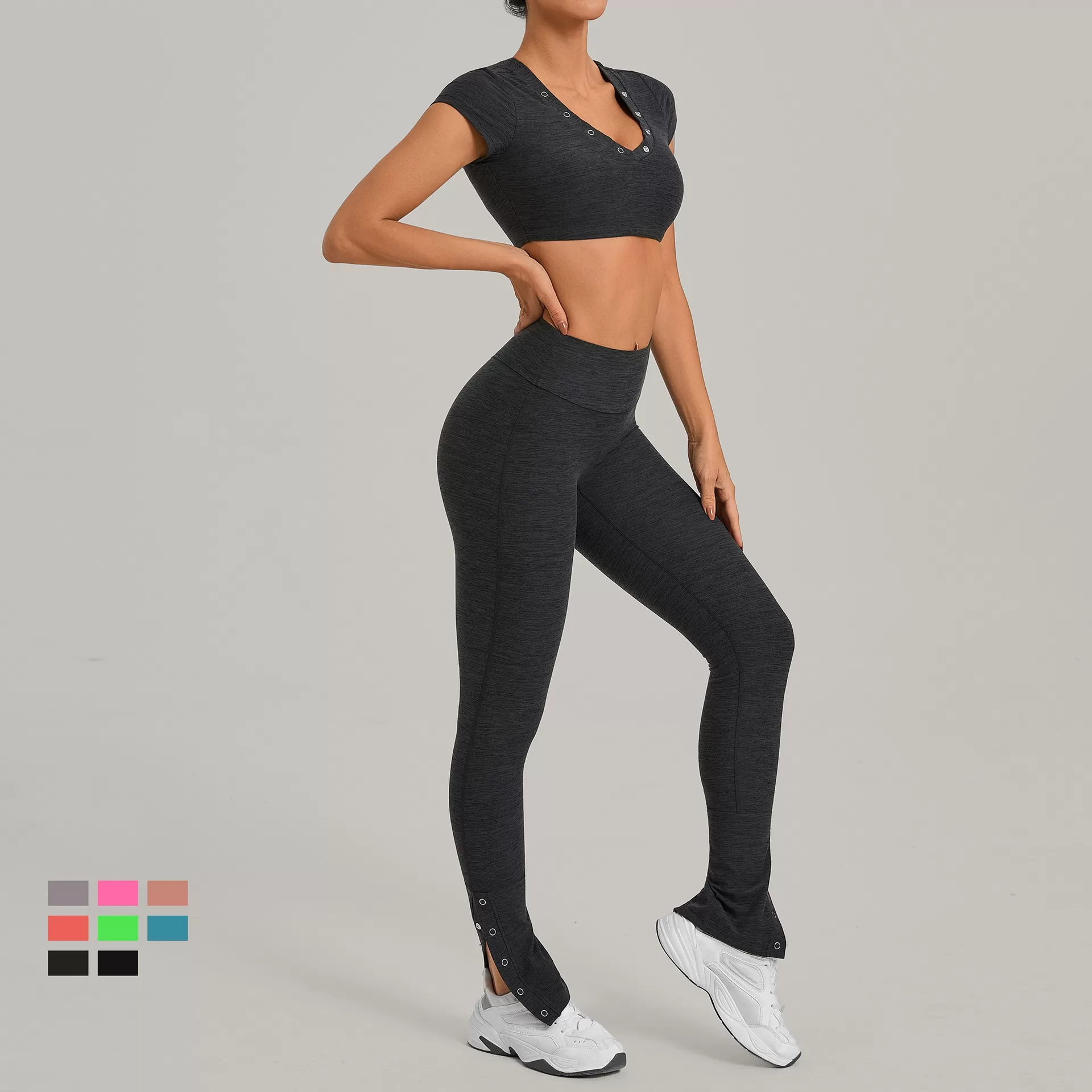 Conjunto deportivo para mujer: camiseta de manga corta para correr, leggings de cintura alta, pantalones acampanados, conjunto de yoga y entrenamiento para gimnasio FGB10265+29082