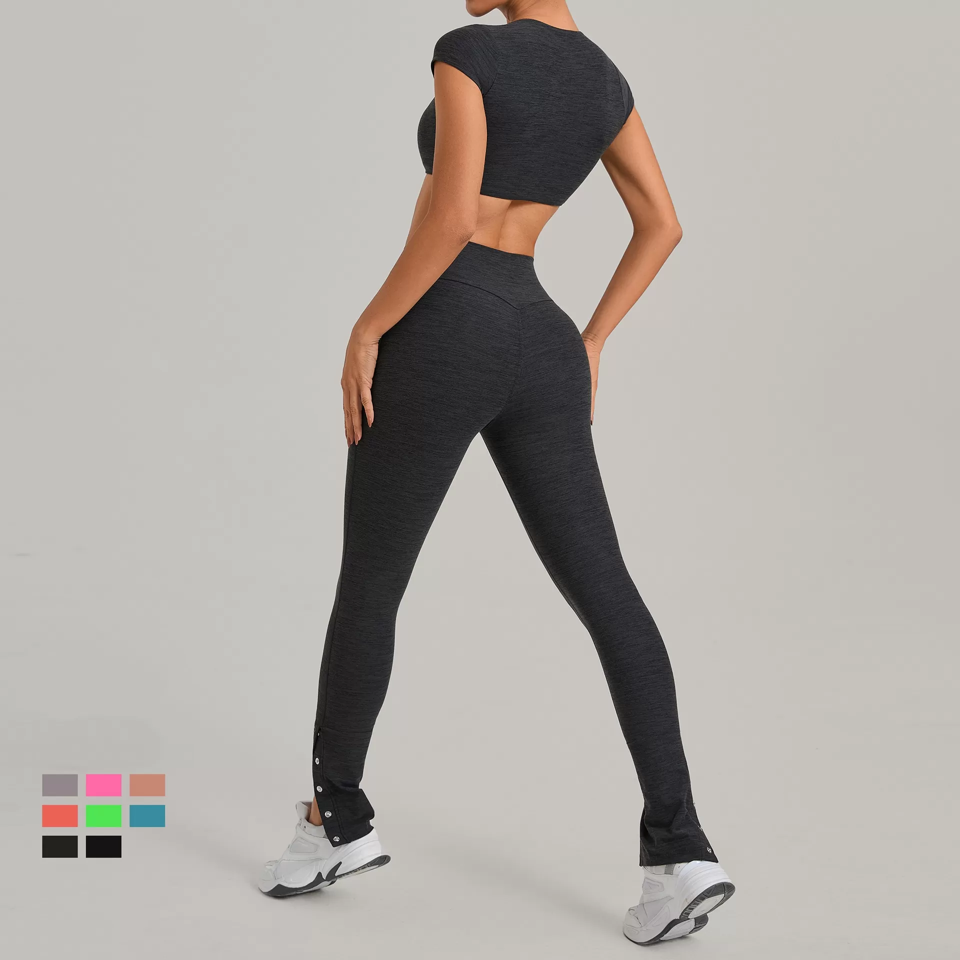 Conjunto deportivo para mujer: camiseta de manga corta para correr, leggings de cintura alta, pantalones acampanados, conjunto de yoga y entrenamiento para gimnasio FGB10265+29082