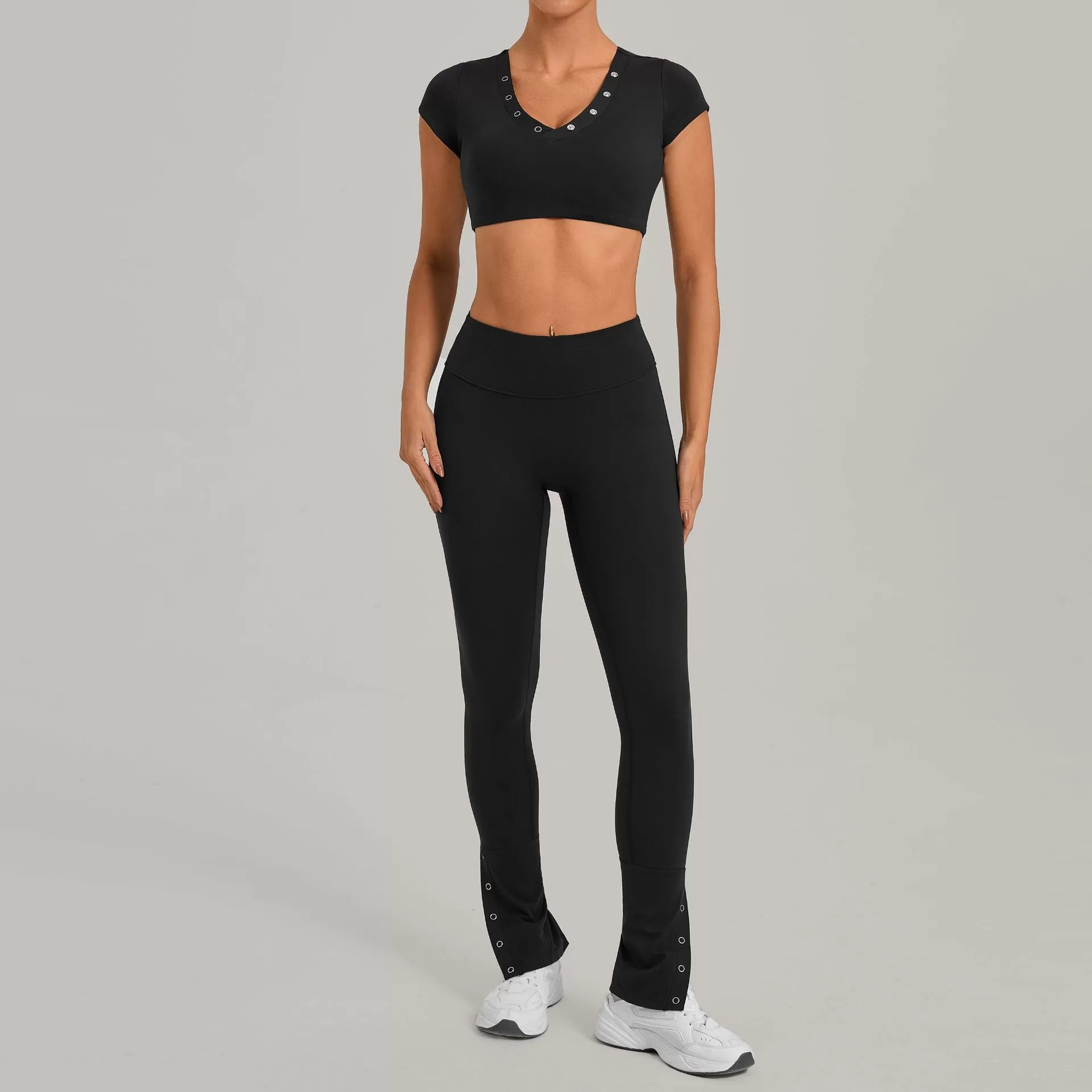 Conjunto deportivo para mujer: camiseta de manga corta para correr, leggings de cintura alta, pantalones acampanados, conjunto de yoga y entrenamiento para gimnasio FGB10265+29082