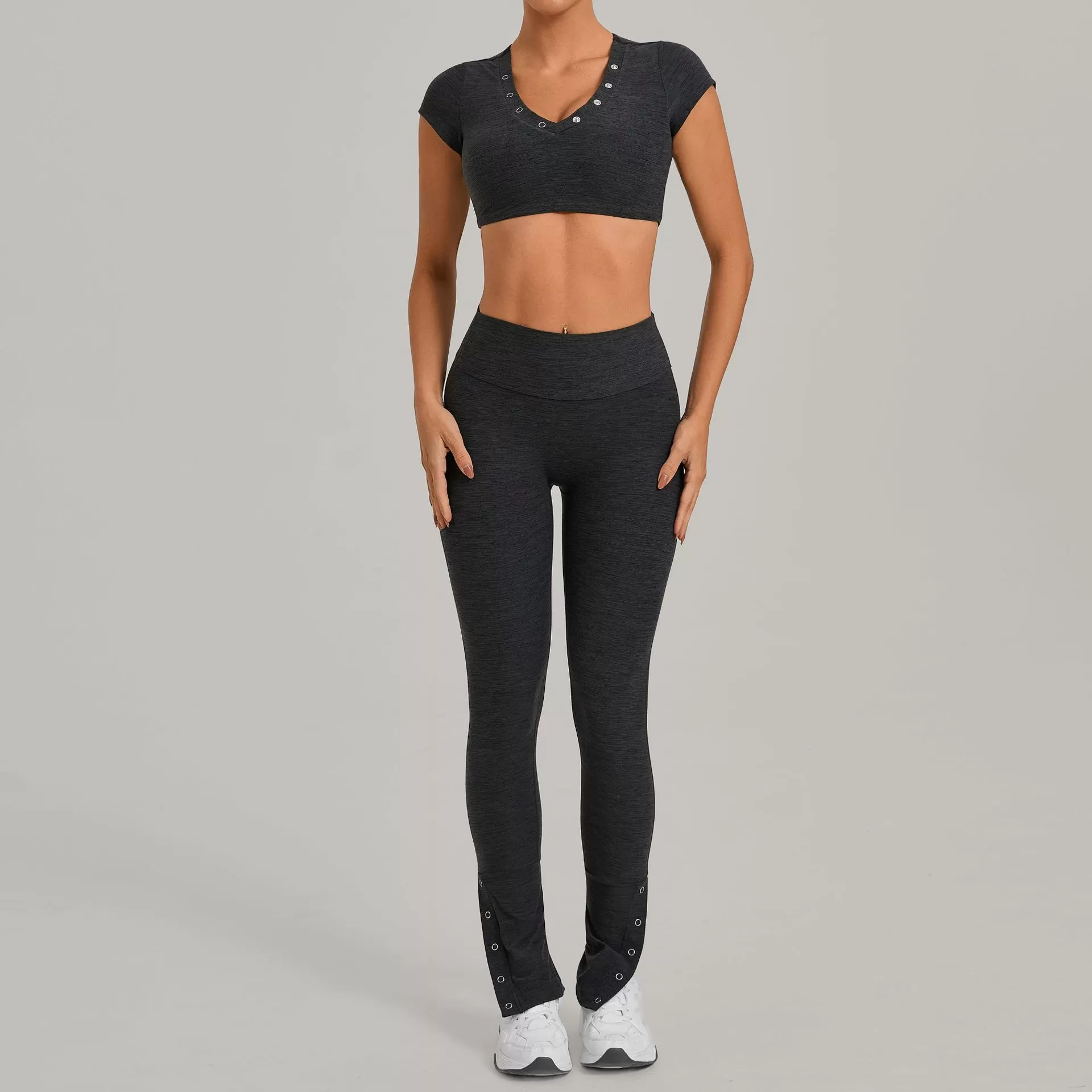 Conjunto deportivo para mujer: camiseta de manga corta para correr, leggings de cintura alta, pantalones acampanados, conjunto de yoga y entrenamiento para gimnasio FGB10265+29082