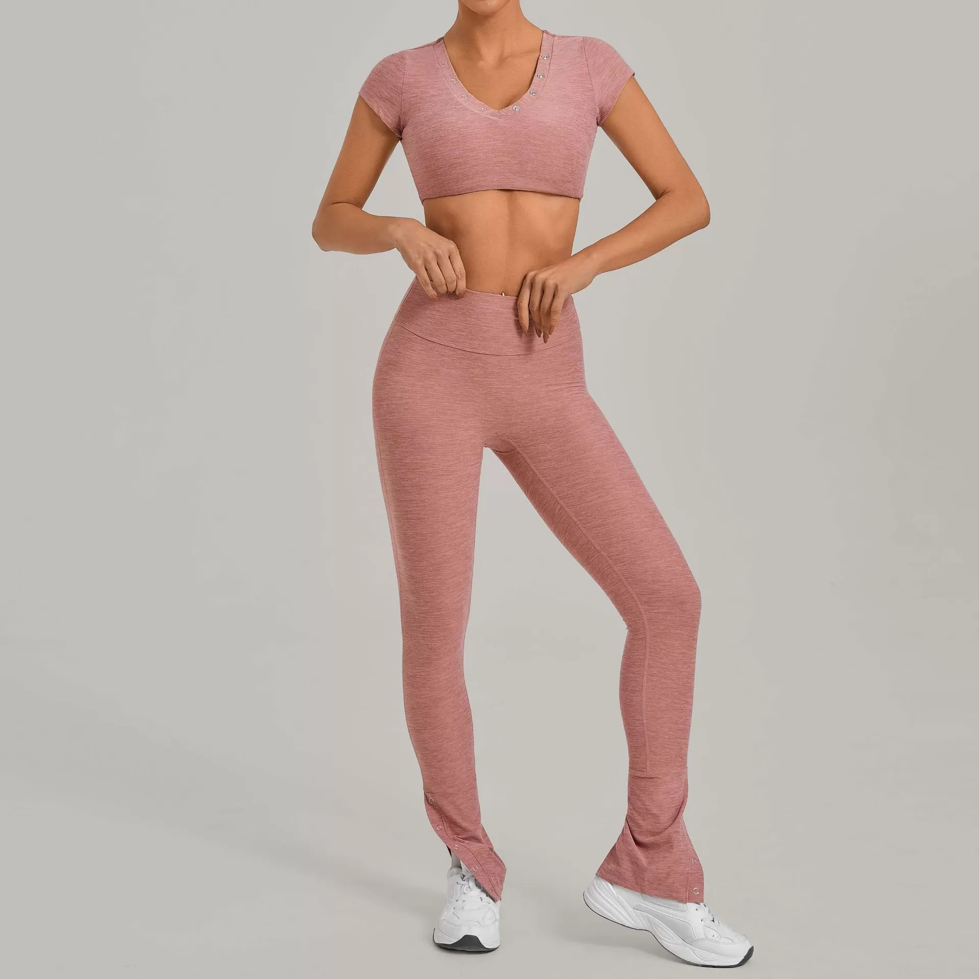 Conjunto deportivo para mujer: camiseta de manga corta para correr, leggings de cintura alta, pantalones acampanados, conjunto de yoga y entrenamiento para gimnasio FGB10265+29082
