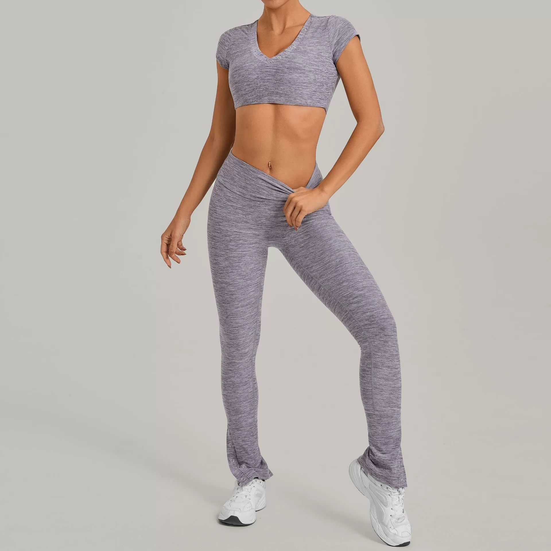 Conjunto deportivo para mujer: camiseta de manga corta para correr, leggings de cintura alta, pantalones acampanados, conjunto de yoga y entrenamiento para gimnasio FGB10265+29082