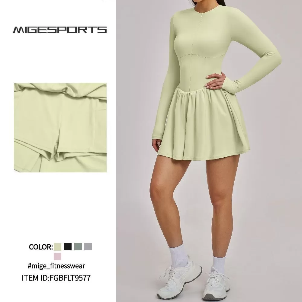 Vestido de tenis de manga larga, vestido de yoga elástico de alta calidad, vestido sexy de una pieza para gimnasio para mujer FGBFLT9577