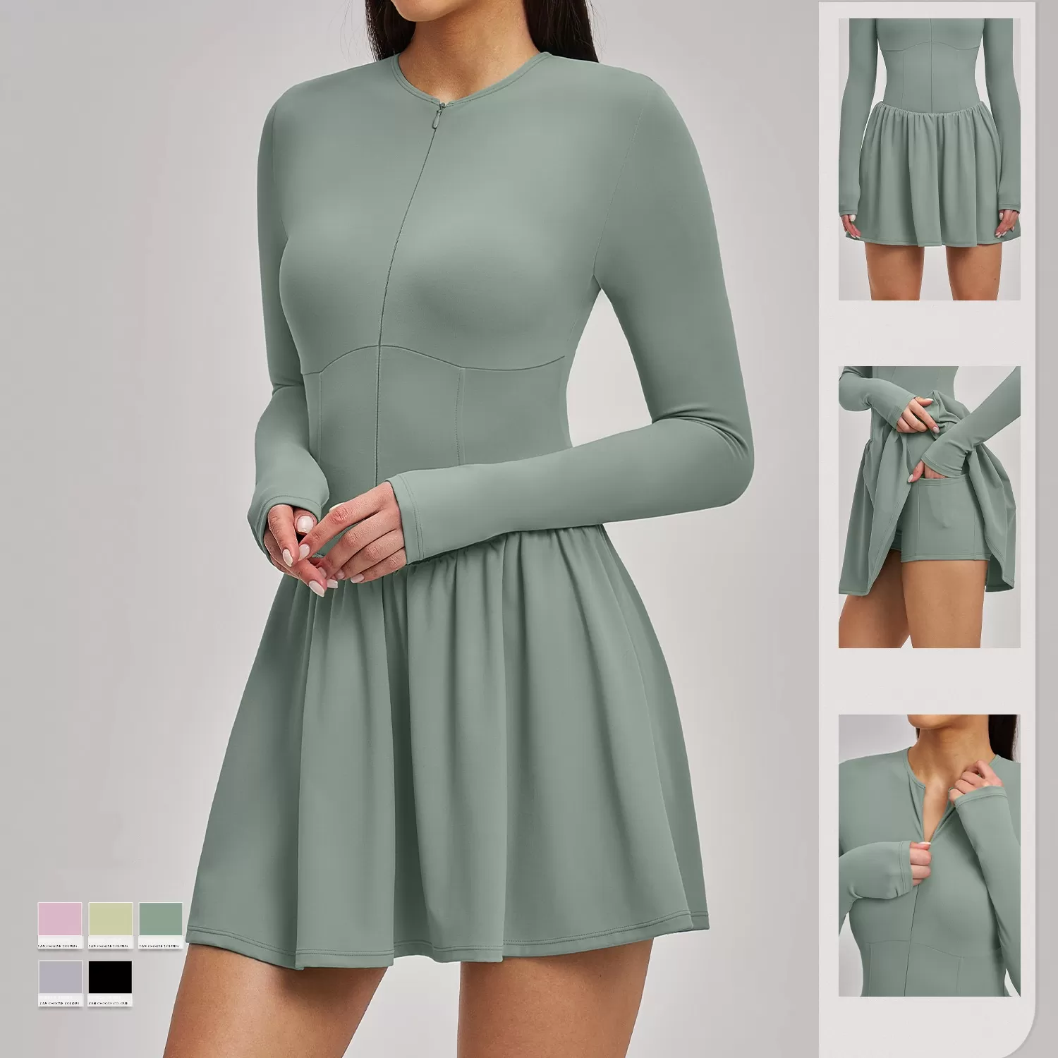 Vestido de tenis de manga larga, vestido de yoga elástico de alta calidad, vestido sexy de una pieza para gimnasio para mujer FGBFLT9577