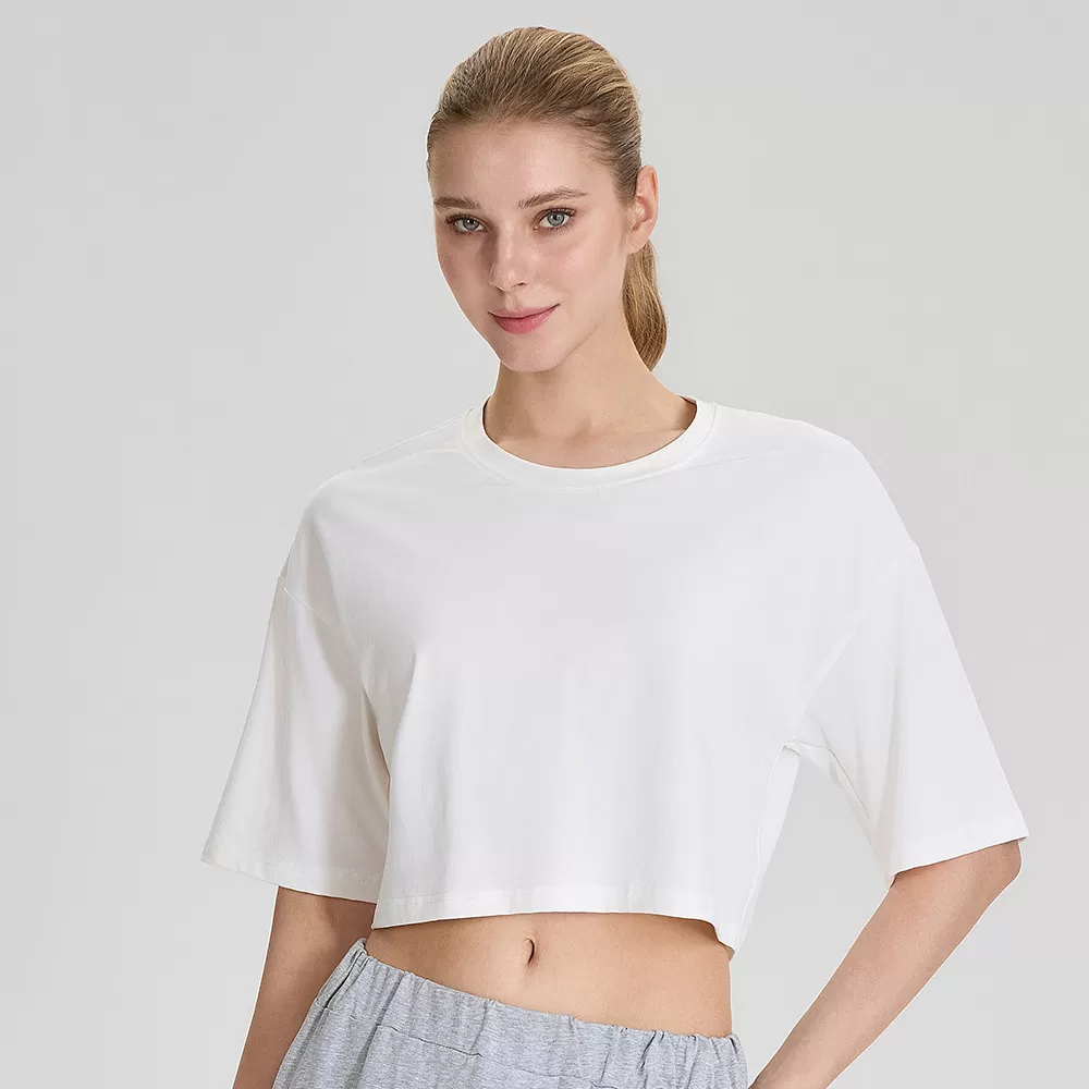 Top corto de manga corta con cuello redondo para mujer, estilo oversize, de alta calidad, corte holgado, FGB52248