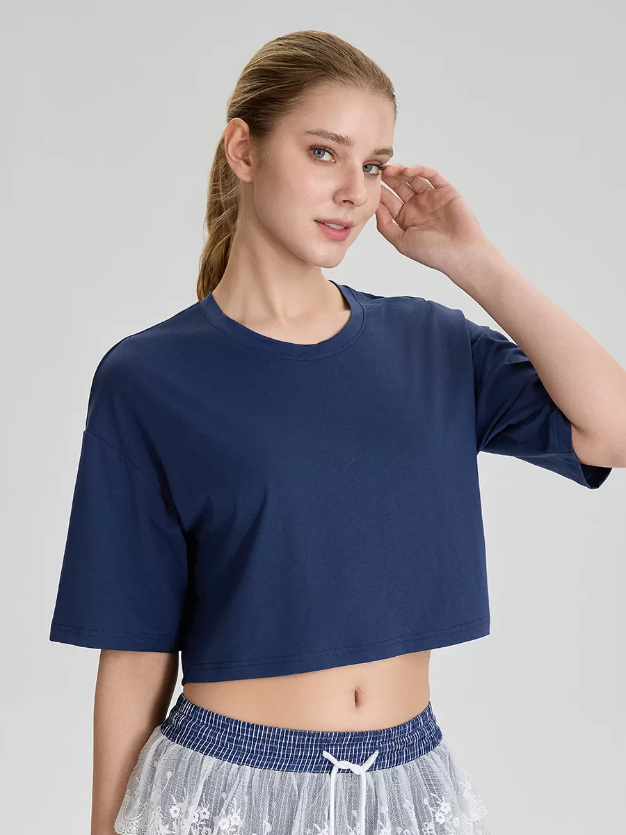Top corto de manga corta con cuello redondo para mujer, estilo oversize, de alta calidad, corte holgado, FGB52248