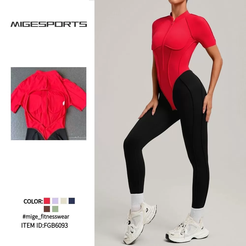 Mono de una pieza para mujer con cremallera, manga corta, ideal para actividades deportivas, baile, fitness y yoga. FGB6093