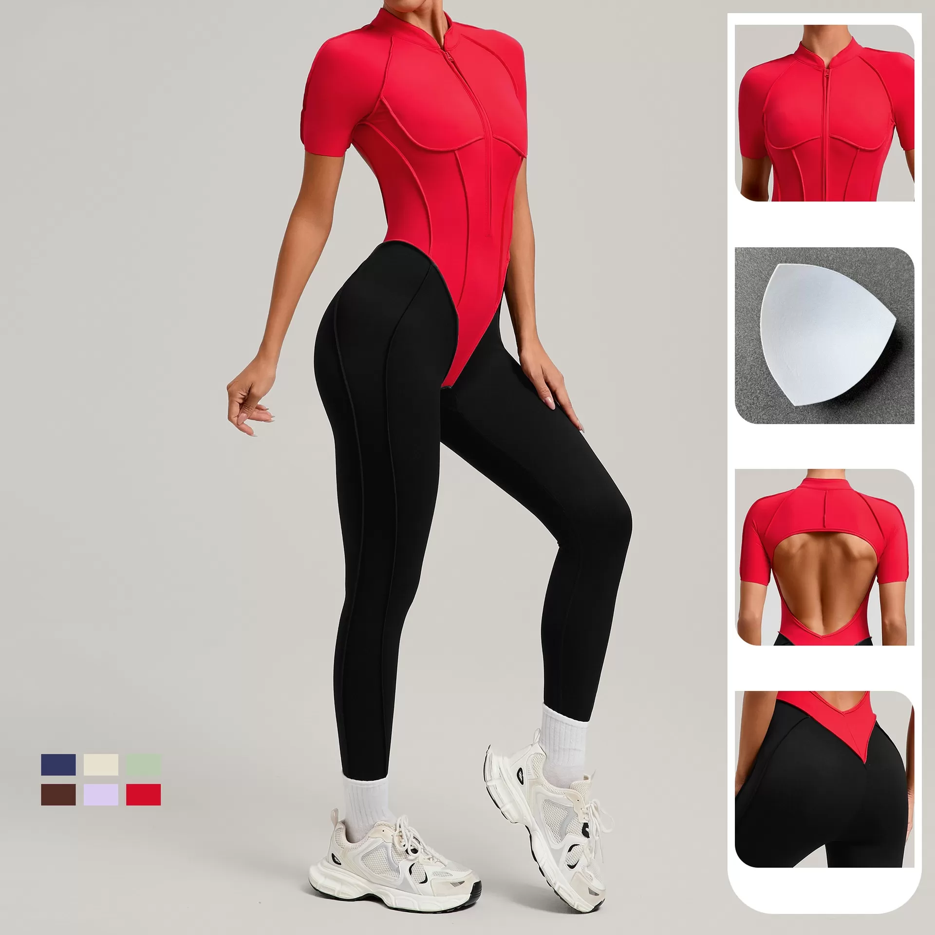 Mono de una pieza para mujer con cremallera, manga corta, ideal para actividades deportivas, baile, fitness y yoga. FGB6093