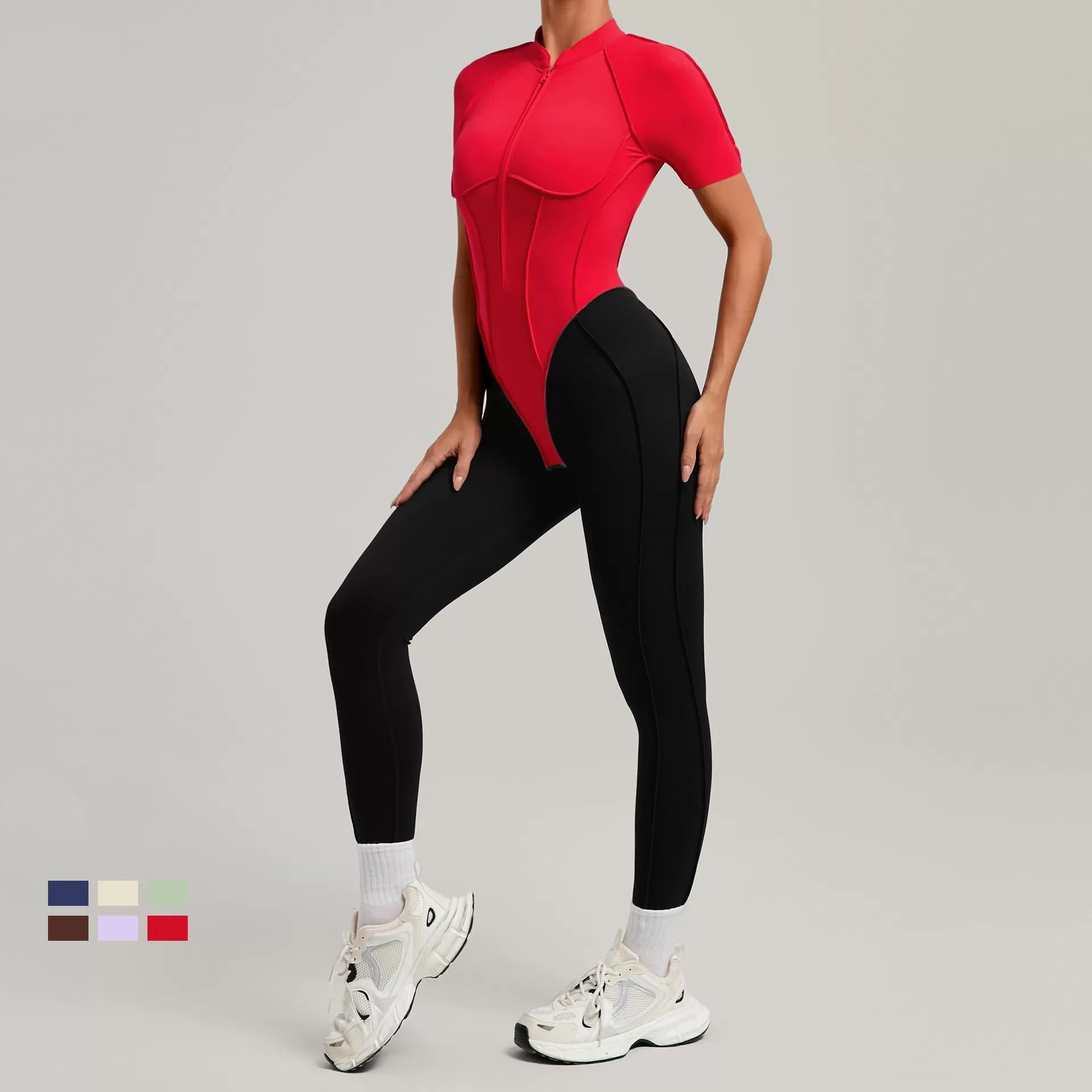 Mono de una pieza para mujer con cremallera, manga corta, ideal para actividades deportivas, baile, fitness y yoga. FGB6093