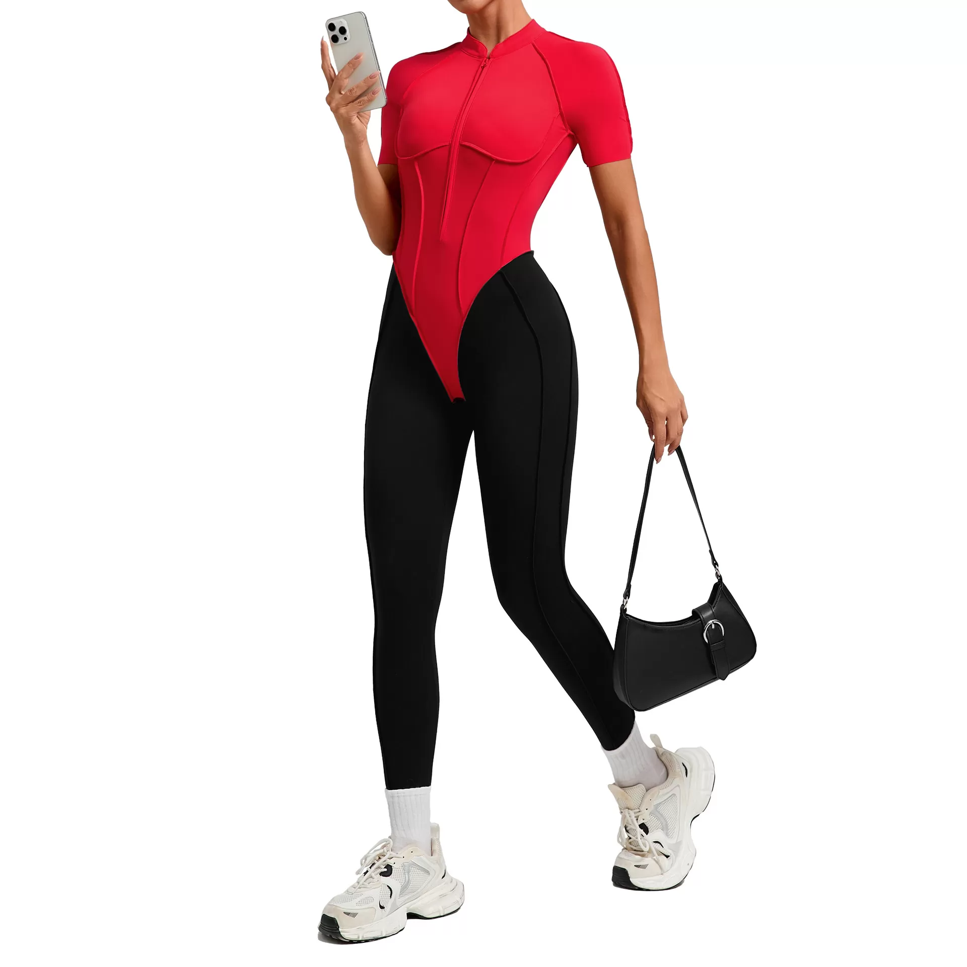Mono de una pieza para mujer con cremallera, manga corta, ideal para actividades deportivas, baile, fitness y yoga. FGB6093