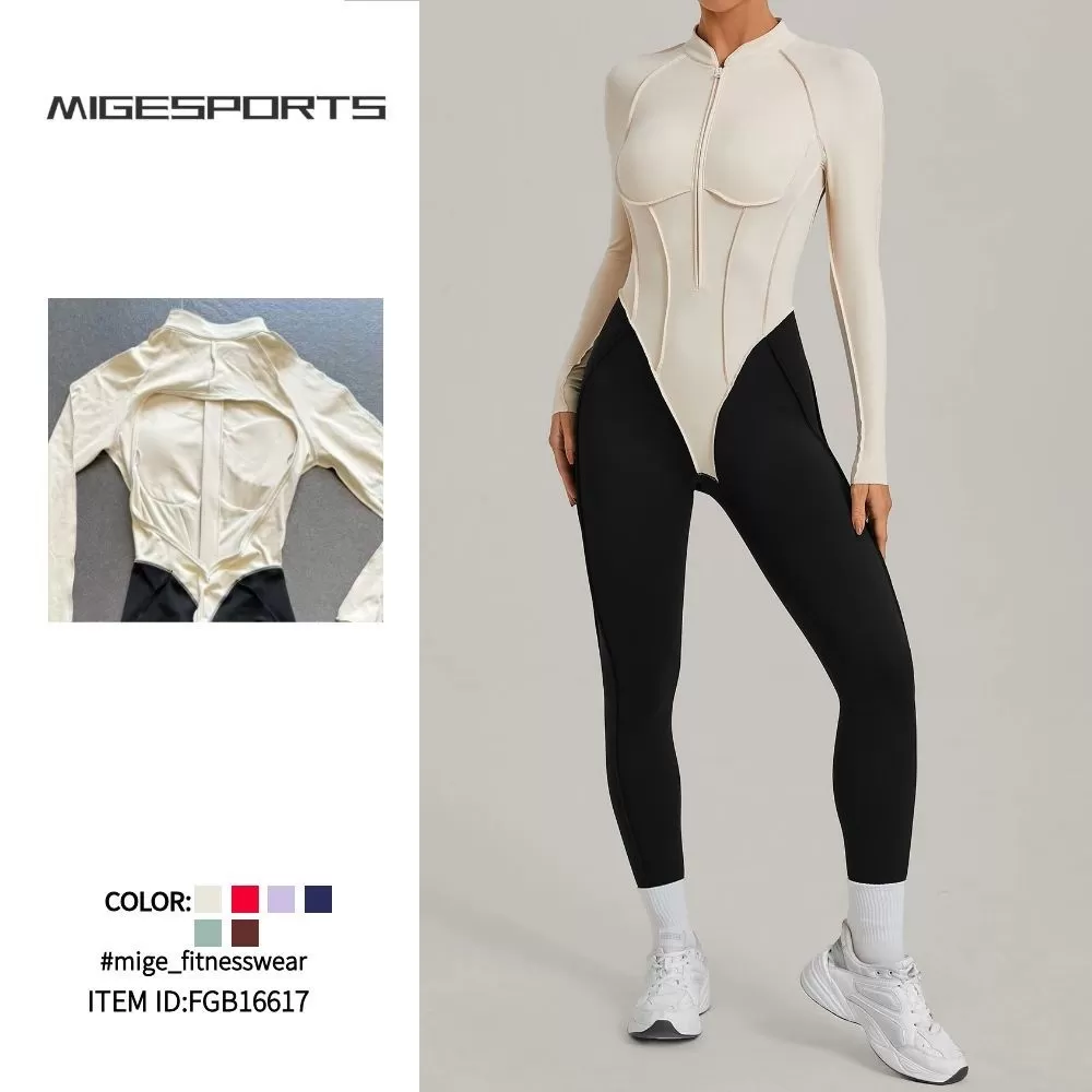 Mono deportivo de manga larga de spandex para mujer, ideal para yoga, gimnasio y entrenamiento, con cremallera FGB16617