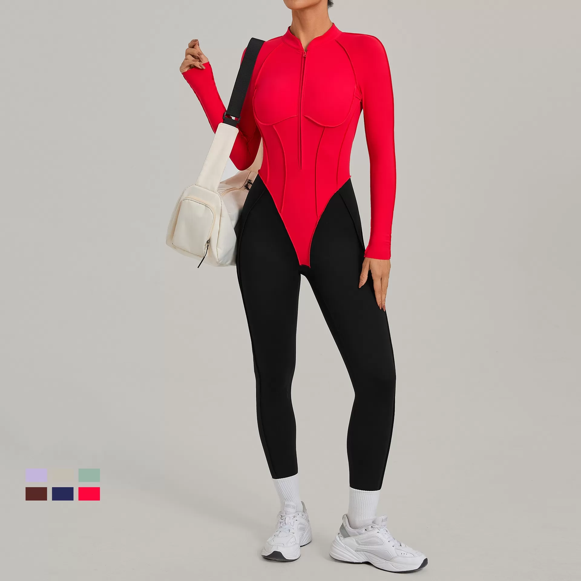 Mono deportivo de manga larga de spandex para mujer, ideal para yoga, gimnasio y entrenamiento, con cremallera FGB16617