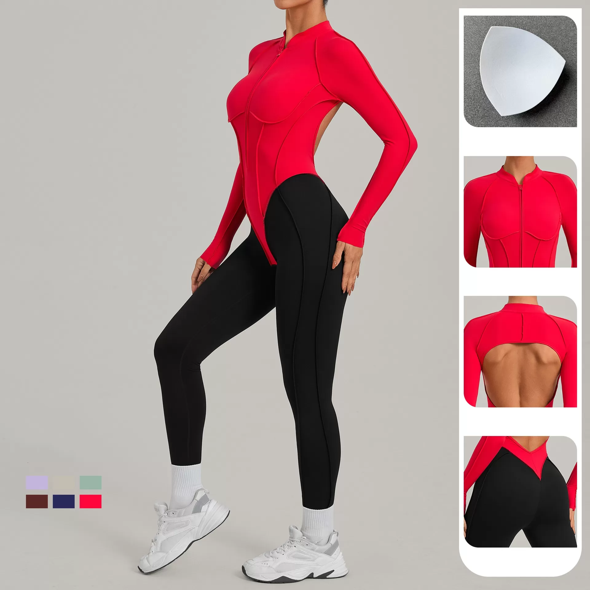 Mono deportivo de manga larga de spandex para mujer, ideal para yoga, gimnasio y entrenamiento, con cremallera FGB16617