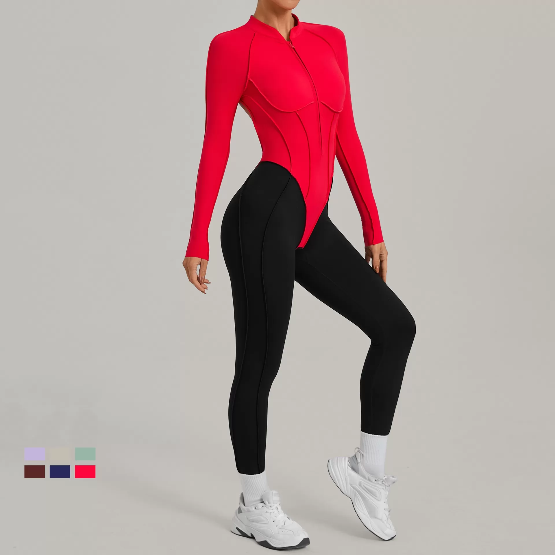 Mono deportivo de manga larga de spandex para mujer, ideal para yoga, gimnasio y entrenamiento, con cremallera FGB16617