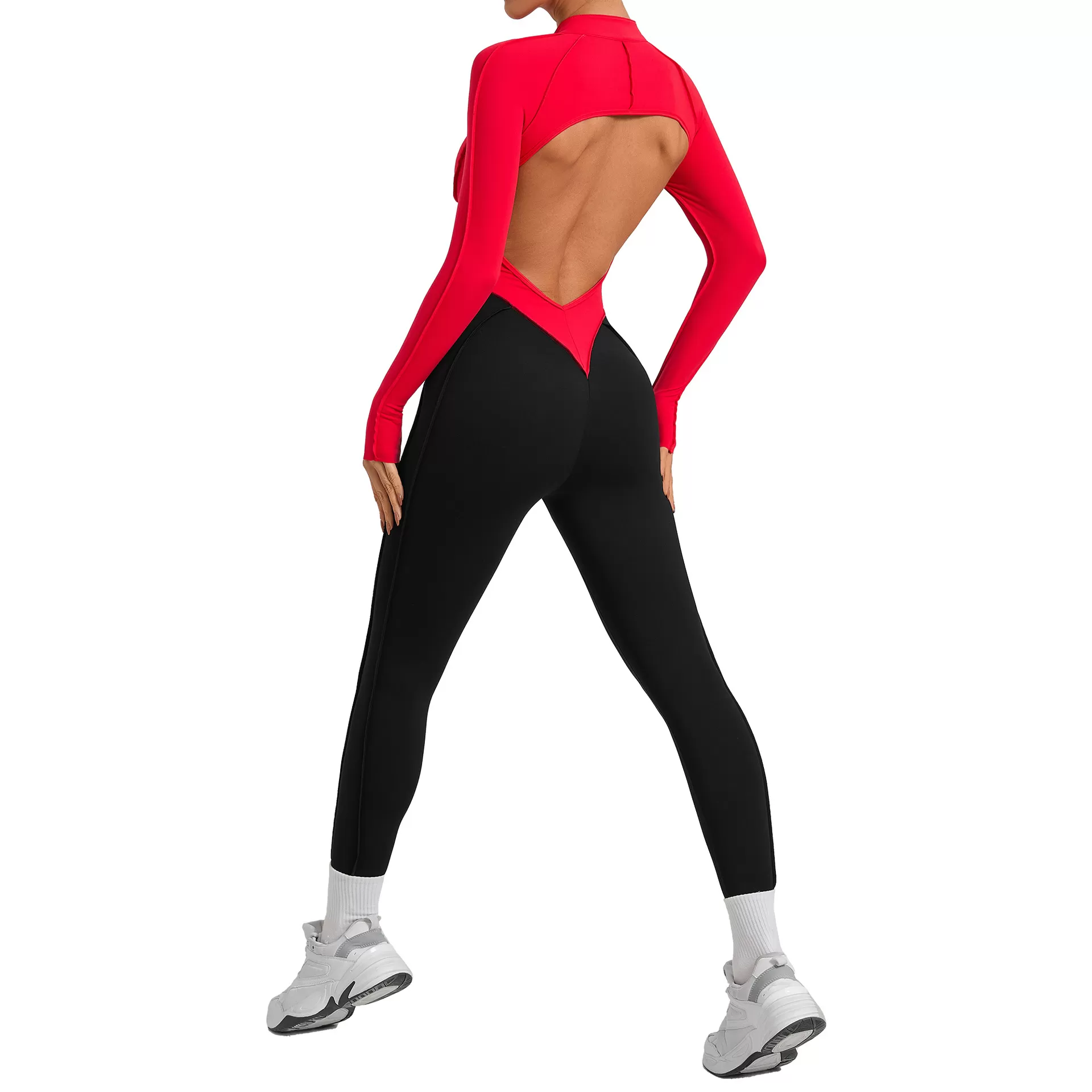 Mono deportivo de manga larga de spandex para mujer, ideal para yoga, gimnasio y entrenamiento, con cremallera FGB16617