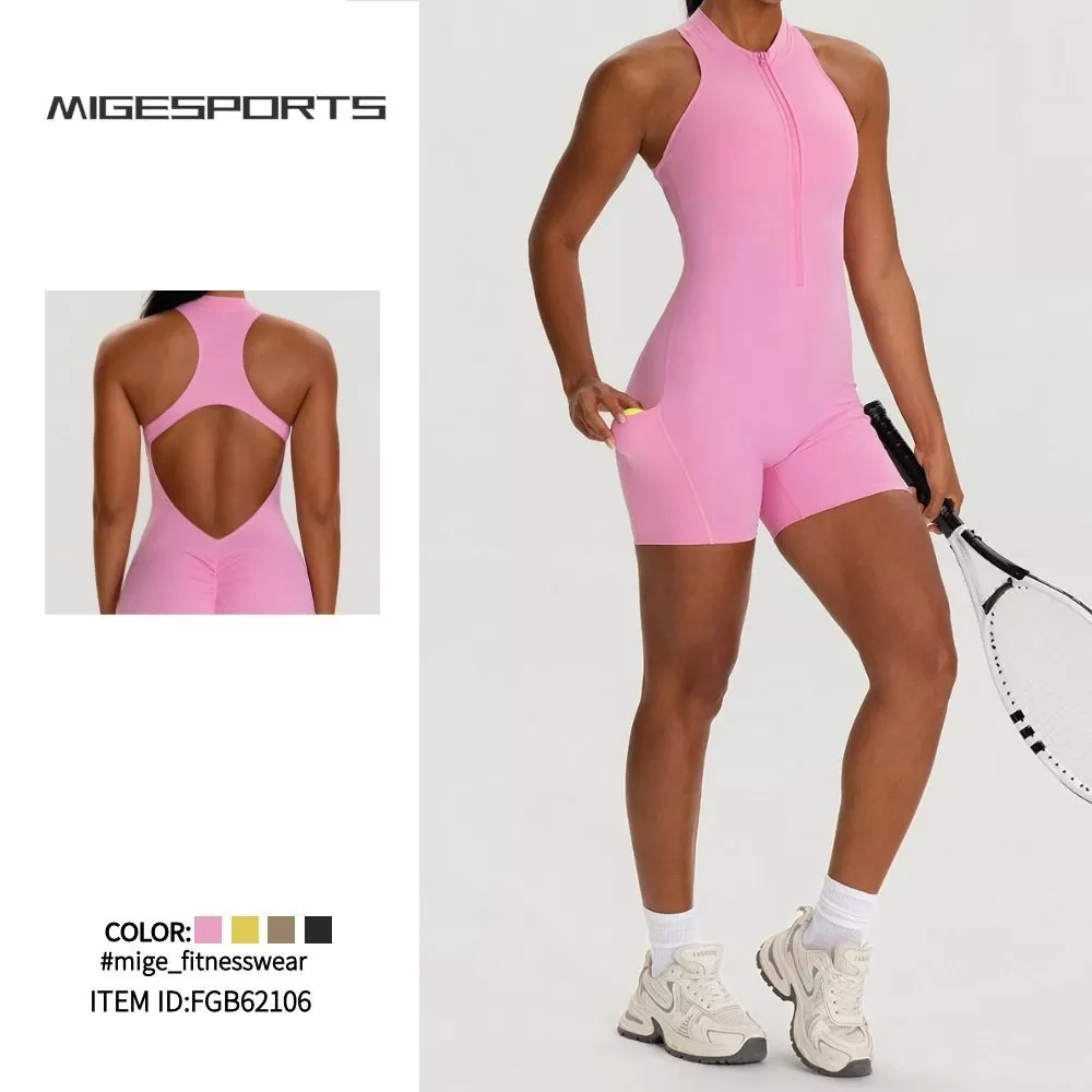 Nuevo mono de yoga de una pieza con shorts, ideal para primavera. Body de ejercicio de alta intensidad con cremallera para gimnasio y fitness FGB62106