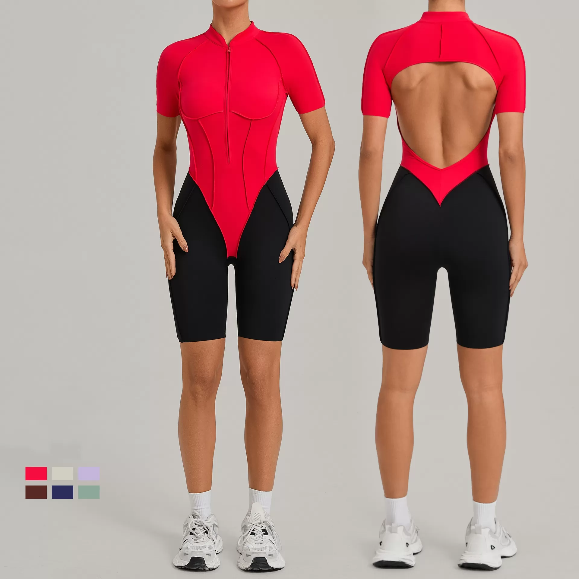 Conjunto de gimnasio y fitness, ropa deportiva de una pieza para yoga, ropa con cremallera frontal, ropa deportiva de una pieza para mujer, mono para mujer, bodys para mujer FGB15573