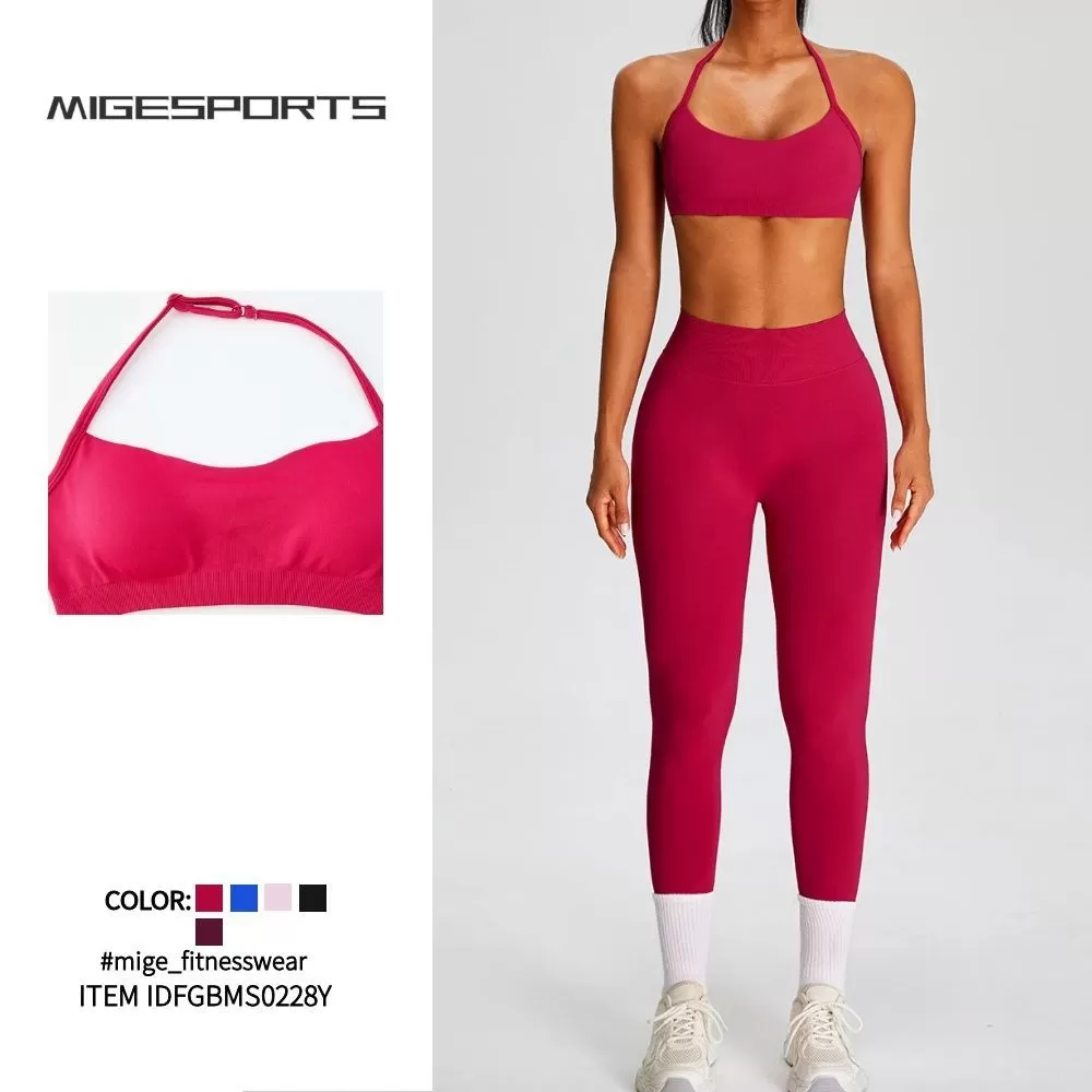 Conjunto deportivo de gimnasio para mujer, sin costuras, para yoga y entrenamiento, 2 piezas, color liso, Spandex/Nylon FGBMS0228Y