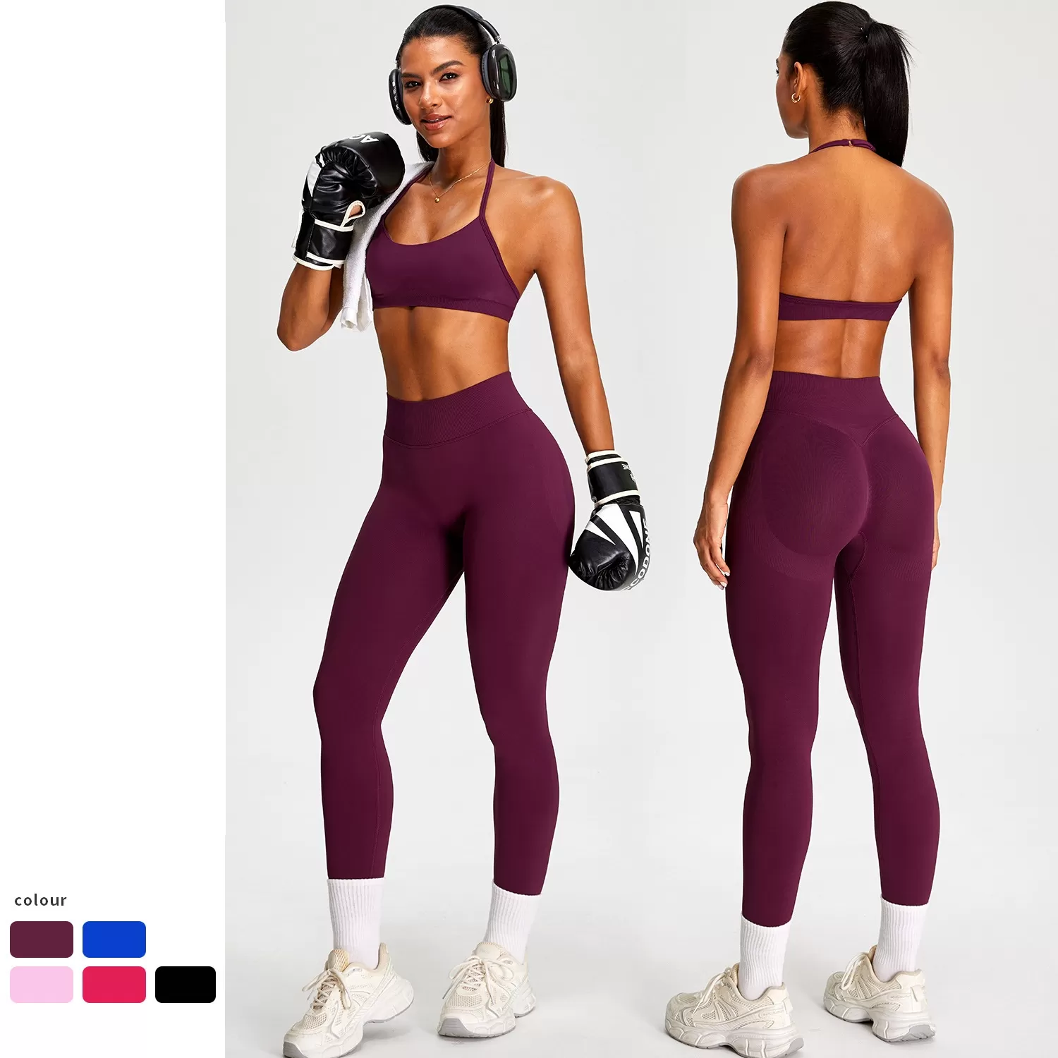 Conjunto deportivo de gimnasio para mujer, sin costuras, para yoga y entrenamiento, 2 piezas, color liso, Spandex/Nylon FGBMS0228Y