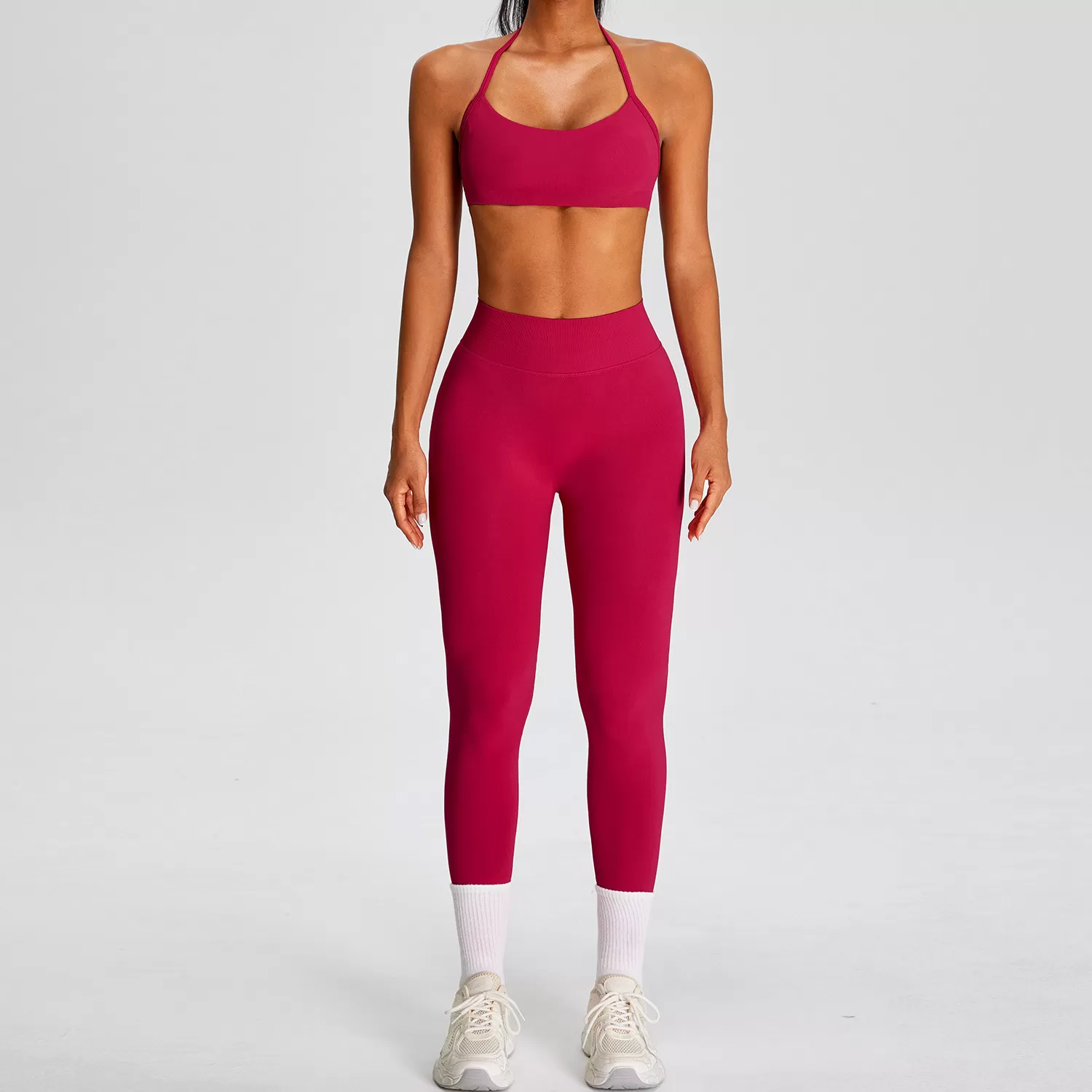Conjunto deportivo de gimnasio para mujer, sin costuras, para yoga y entrenamiento, 2 piezas, color liso, Spandex/Nylon FGBMS0228Y