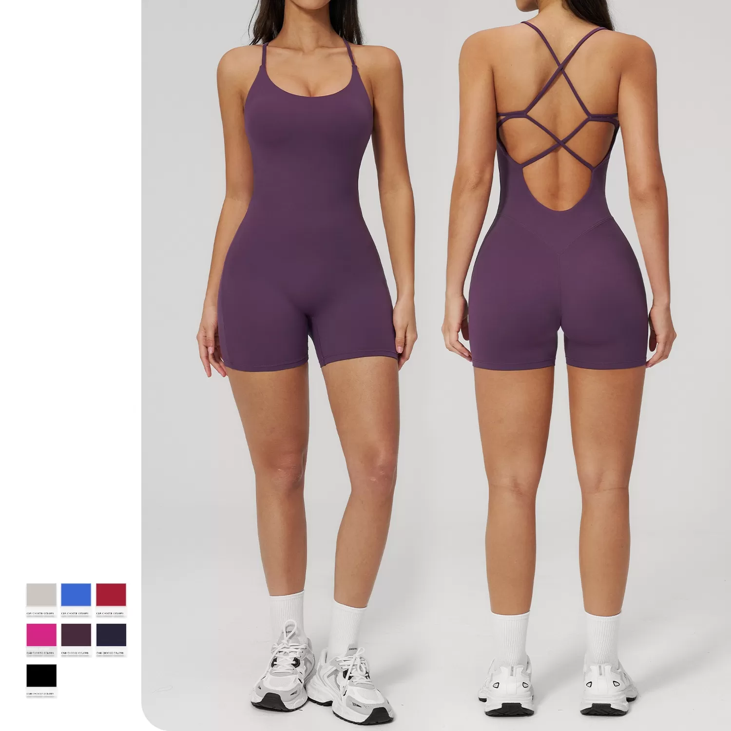 Conjunto de mono de yoga para mujer, body sin espalda con shorts, ropa deportiva para gimnasio y entrenamiento FGBFLT3091