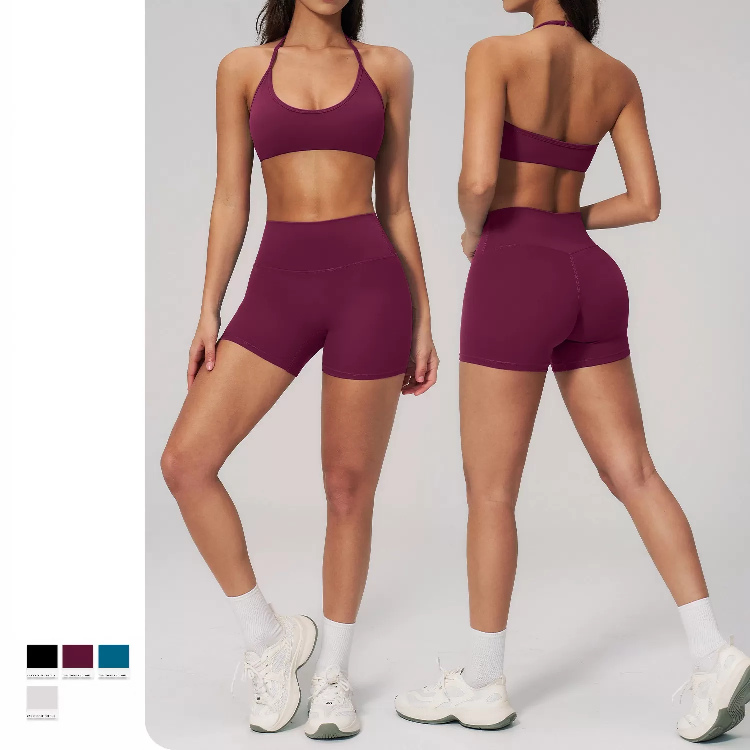 Conjunto de 2 piezas de pantalones cortos de yoga, sujetador deportivo a prueba de golpes, conjunto de fitness para realzar los glúteos, ropa deportiva de cintura alta para entrenamiento FGBTZ2551
