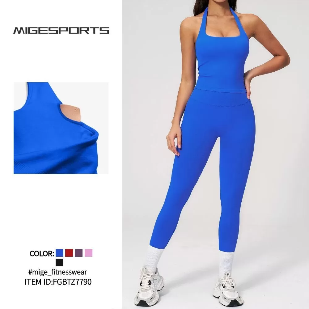 Nuevo conjunto de yoga para mujer, de secado rápido, transpirable, de spandex/nylon, color liso, ropa deportiva para gimnasio, traje para correr y fitness FGBTZ7790