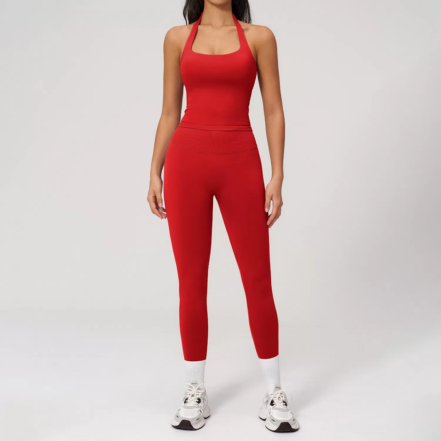 Nuevo conjunto de yoga para mujer, de secado rápido, transpirable, de spandex/nylon, color liso, ropa deportiva para gimnasio, traje para correr y fitness FGBTZ7790